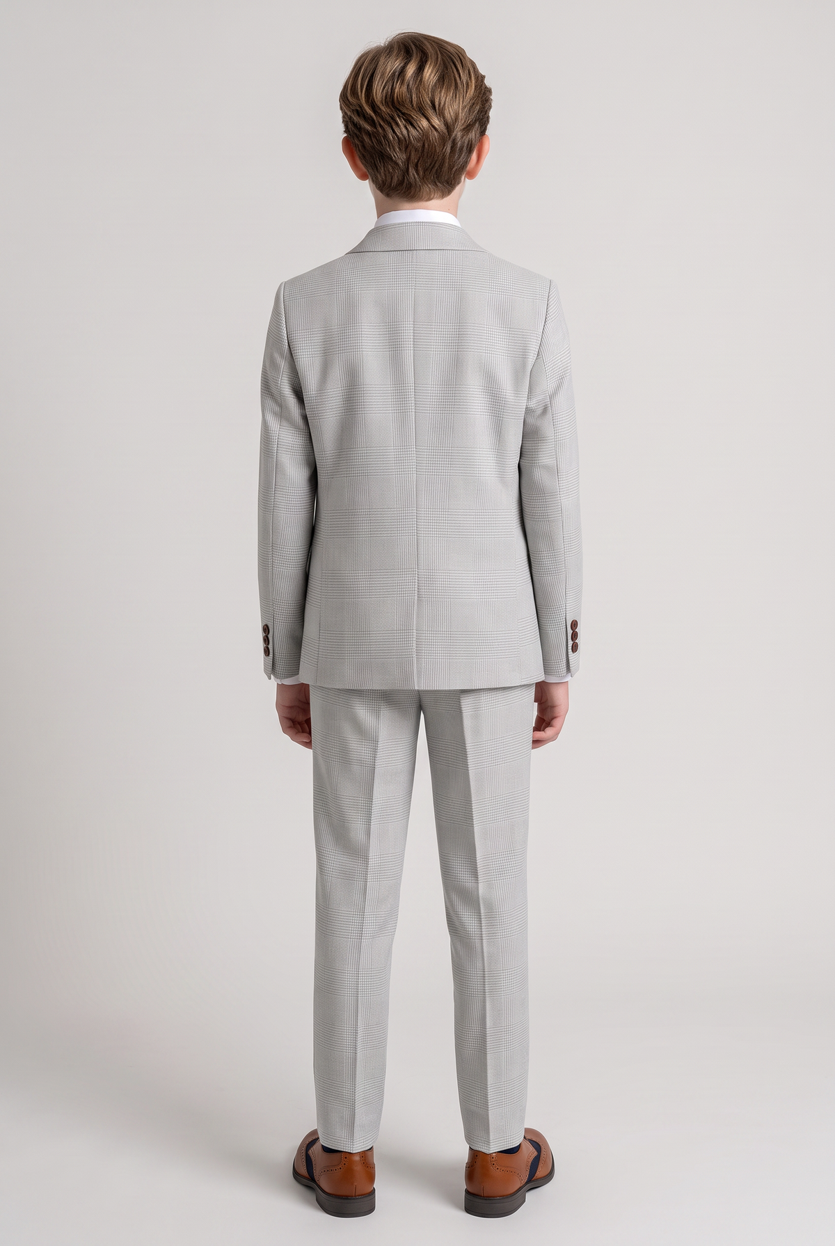 Boys Tailored Fit Tweed Check Suit - MARK - Stone Beige