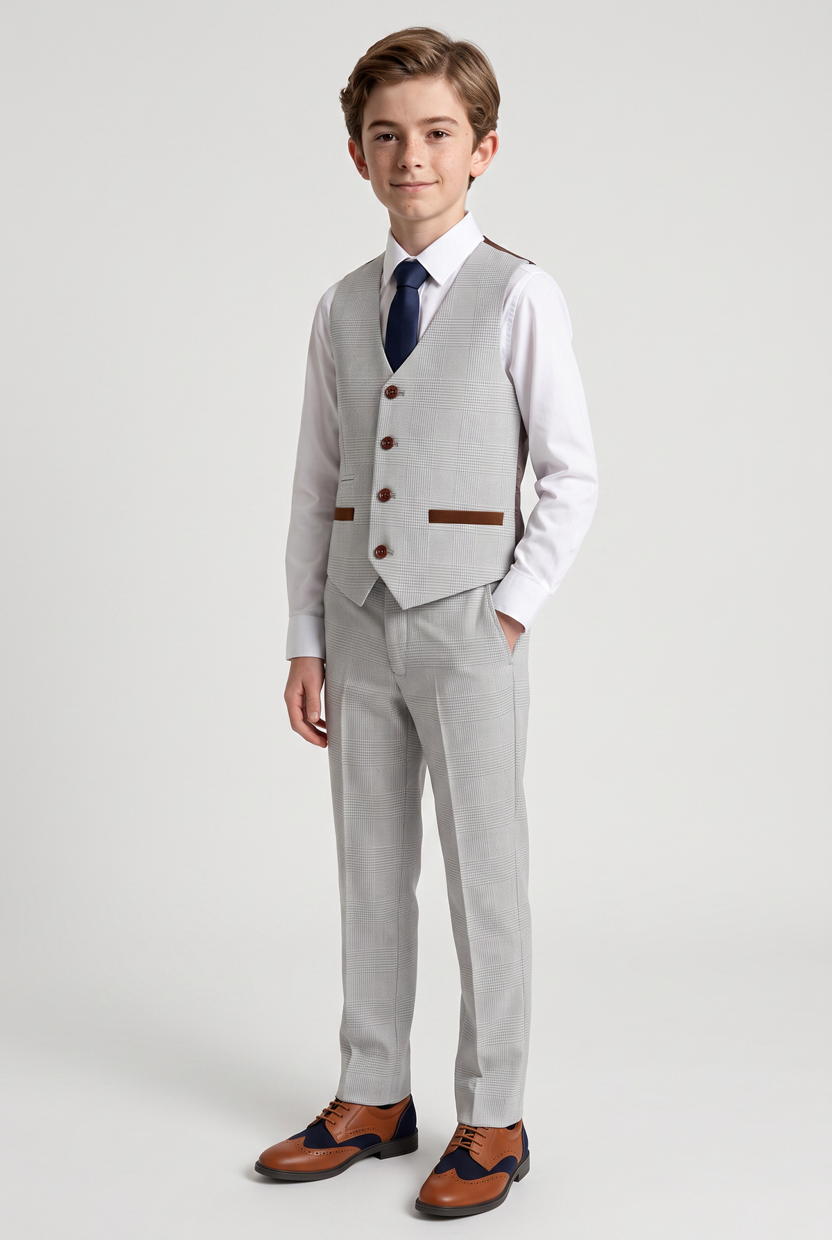 Boys Tailored Fit Tweed Check Suit - MARK - Stone Beige