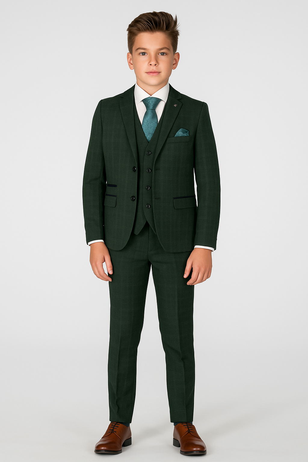 Boys’ Tailored Fit Tweed Check Suit – LEO - Green