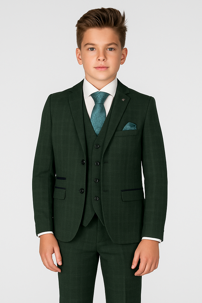 Boys’ Tailored Fit Tweed Check Suit – LEO - Green Model Picture