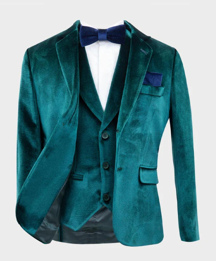 Boys Tailored Fit Velvet Suit with Elbow Patches - Green