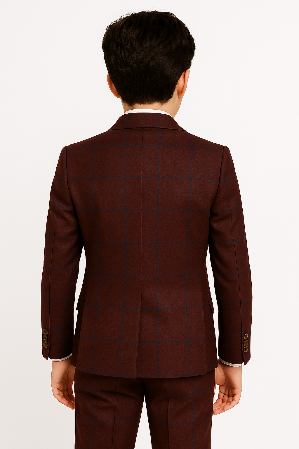 Boys Tailored Fit Windowpane Check Suit - Burgundy Back Picture