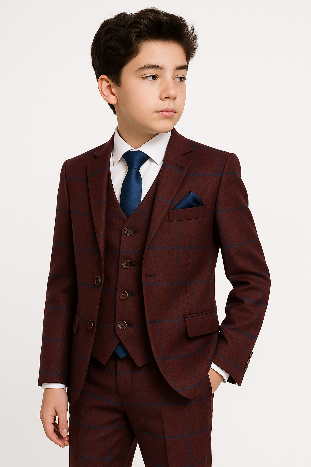 Boys 6 Piece Tailored Fit Windowpane Check Suit - Burgundy