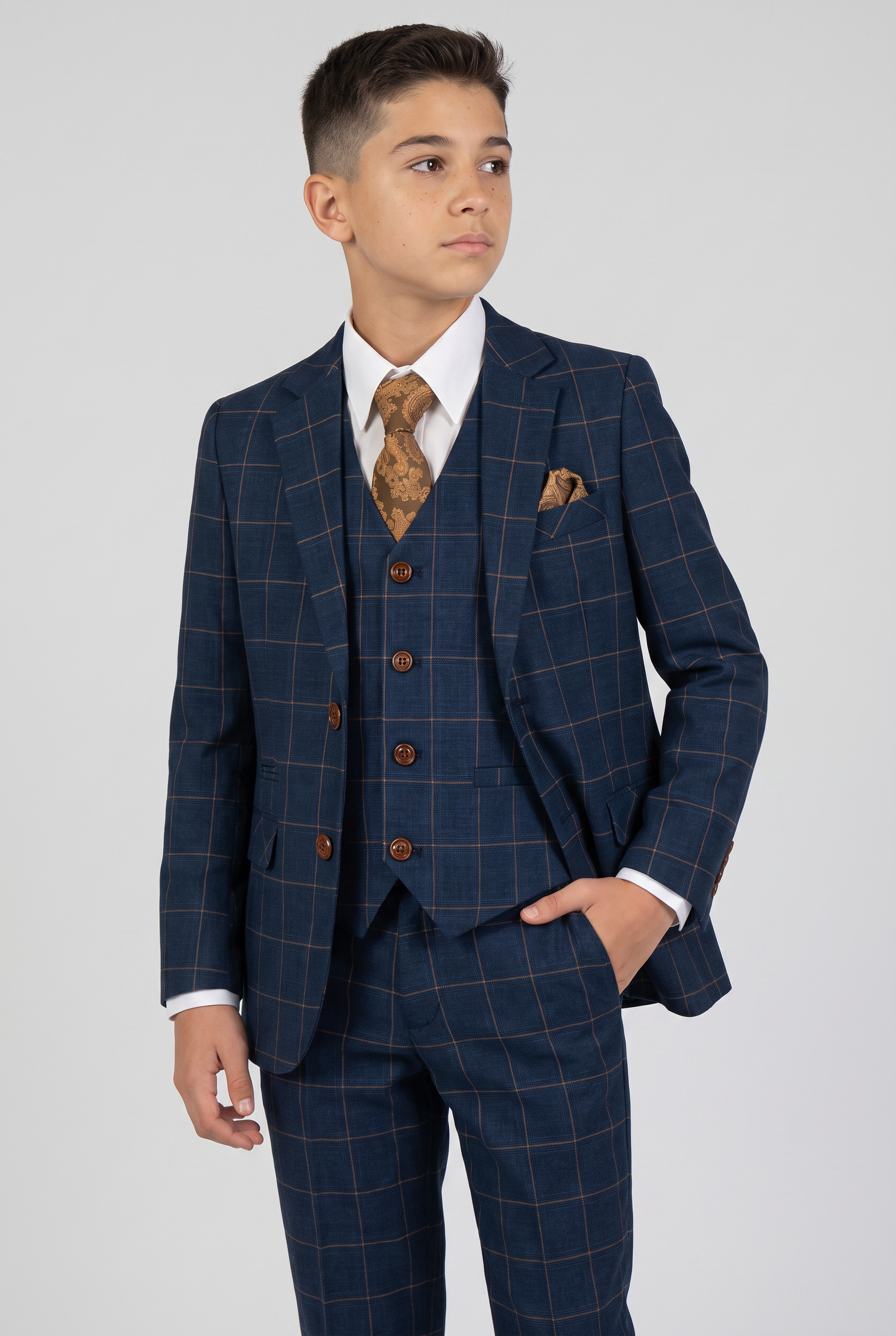 Boys' Tailored Fit Windowpane Check Suit - Cornflower Blue