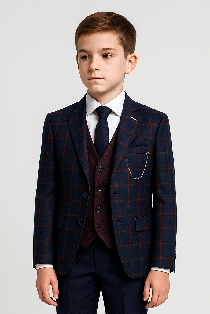 Boys Tailored Fit Windowpane Retro Check Suit - Navy Blue -Maroon Model Picture