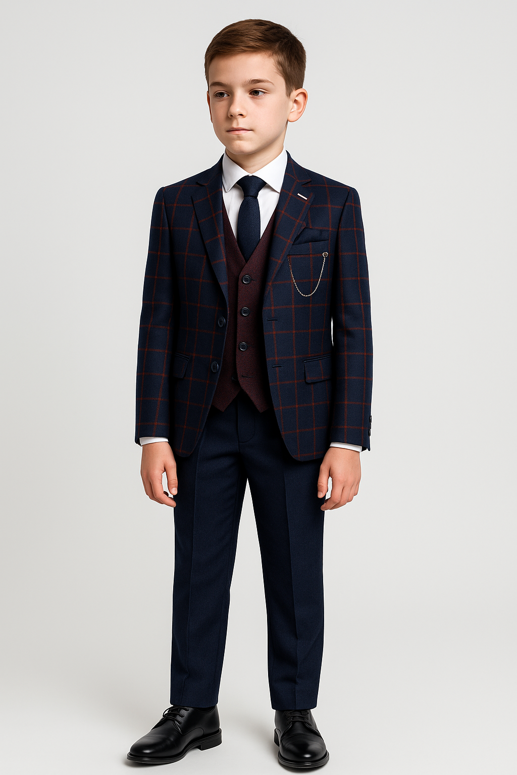 Boys Tailored Fit Windowpane Retro Check Suit - Navy Blue -Maroon