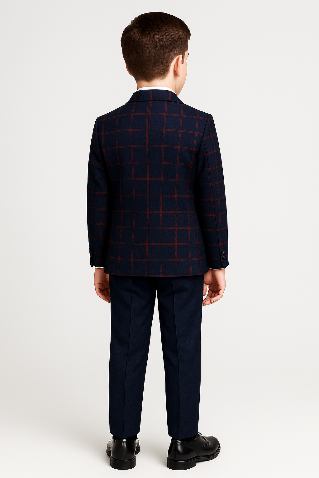 Boys Tailored Fit Windowpane Retro Check Suit - Navy Blue -Maroon Back Picture