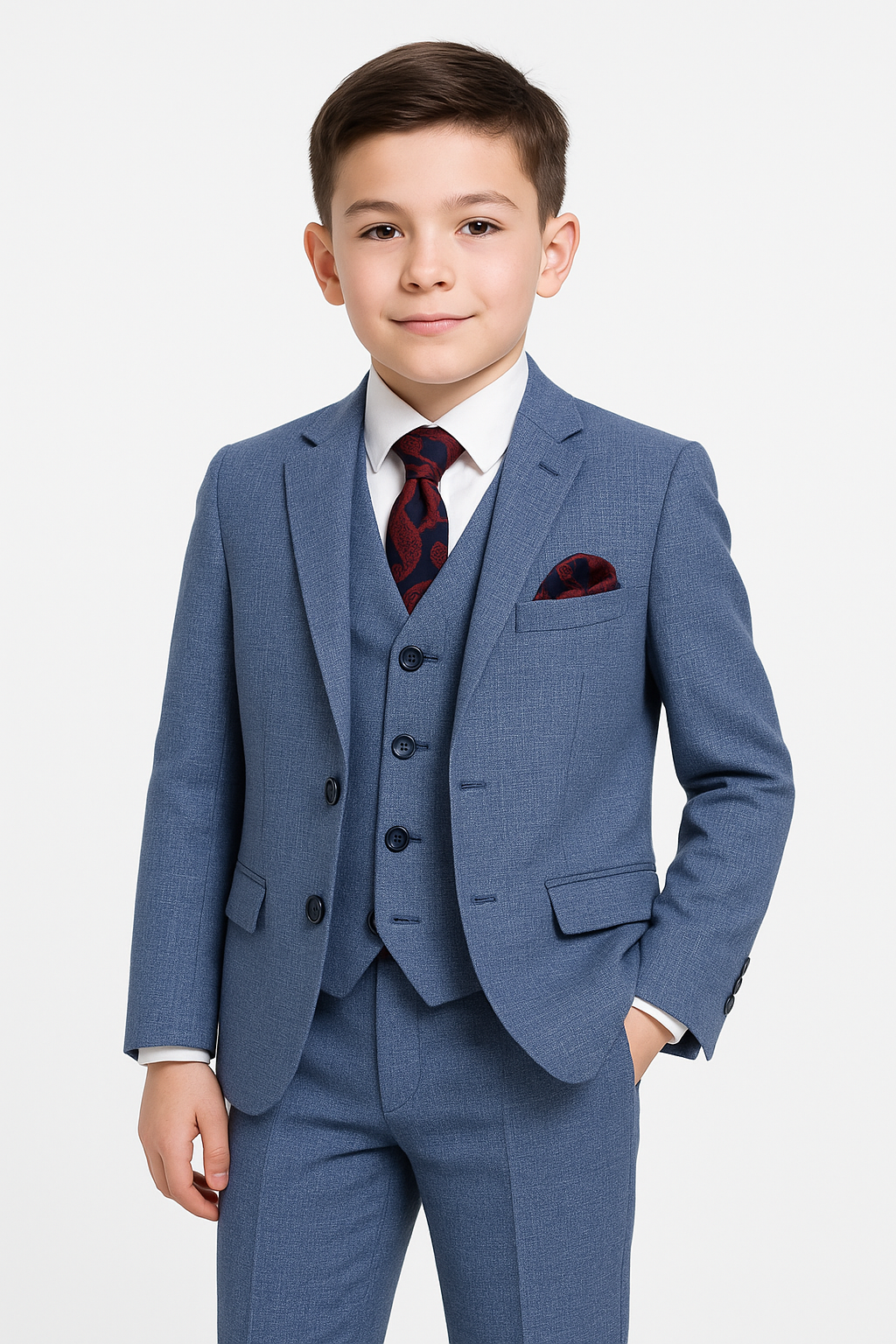 Boys Textured Tailored Fit Blue Suit - LONDON - Mid-Denim Blue