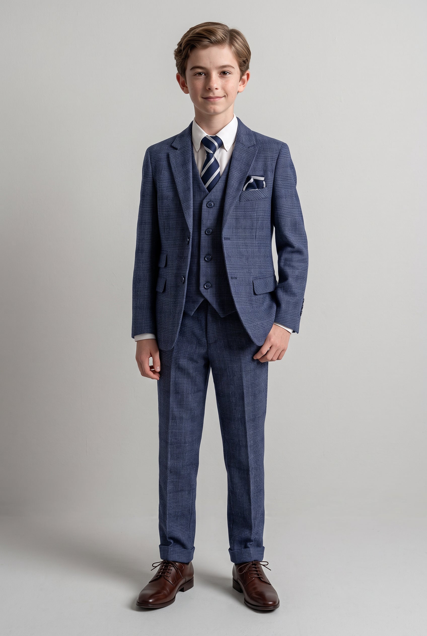 Boys Tweed Check Blue Suit - GRAHAM - Blue
