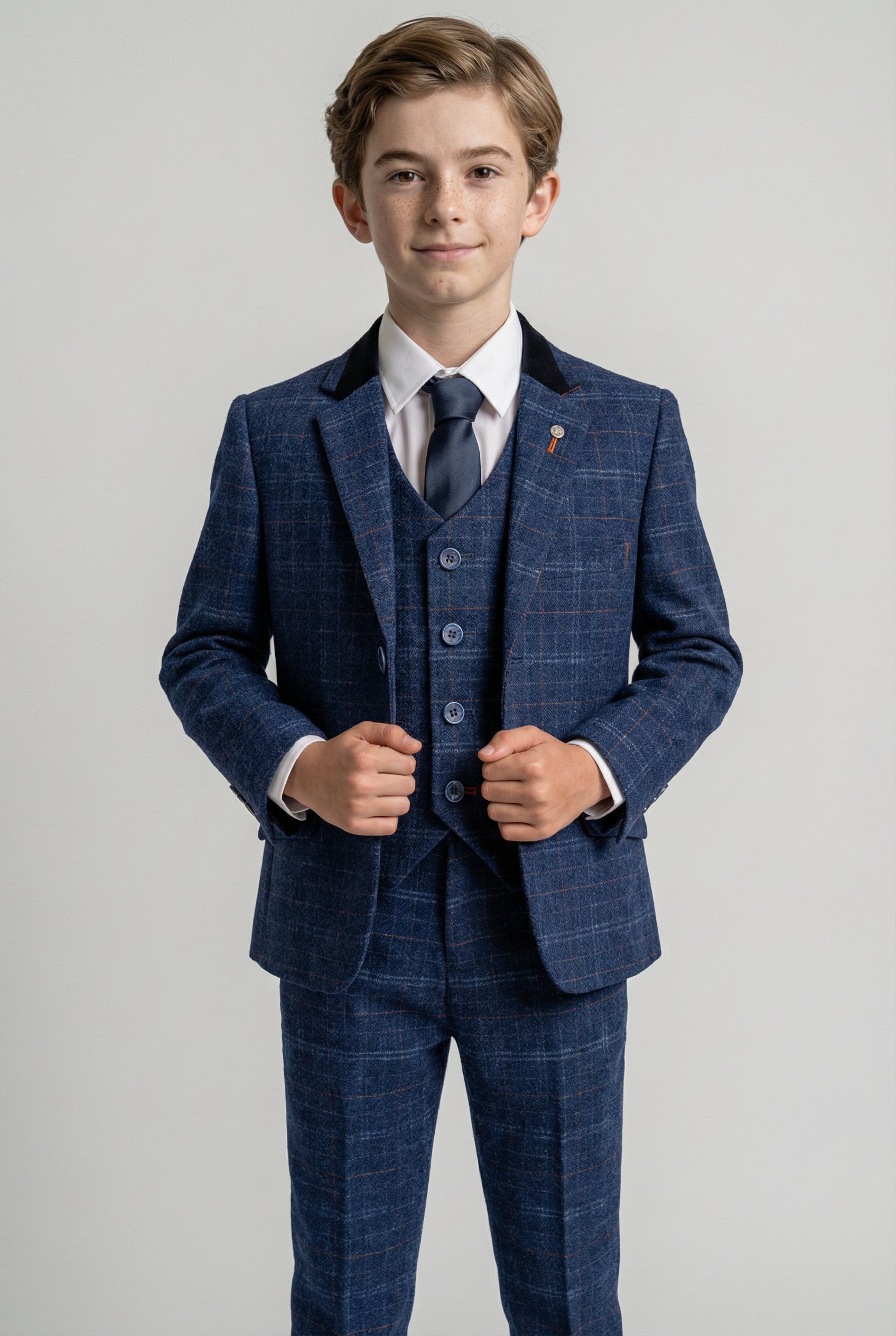 Boys Tweed Check Navy Slim Fit Suit - KAISER - Navy Blue