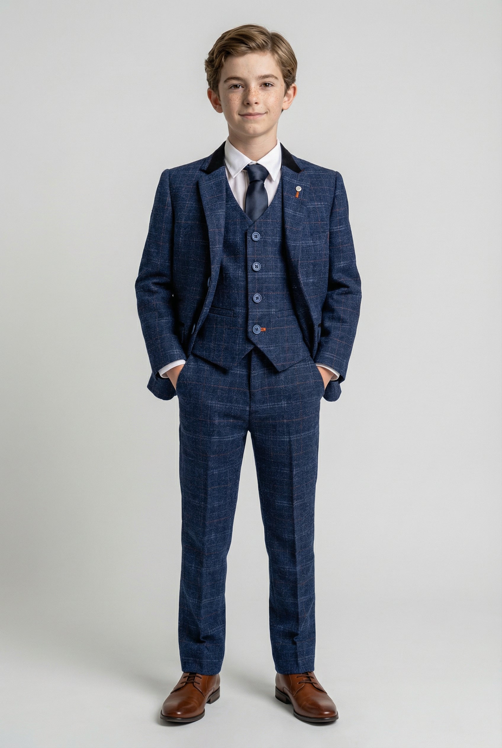 Boys Tweed Check Navy Slim Fit Suit - KAISER - Navy Blue