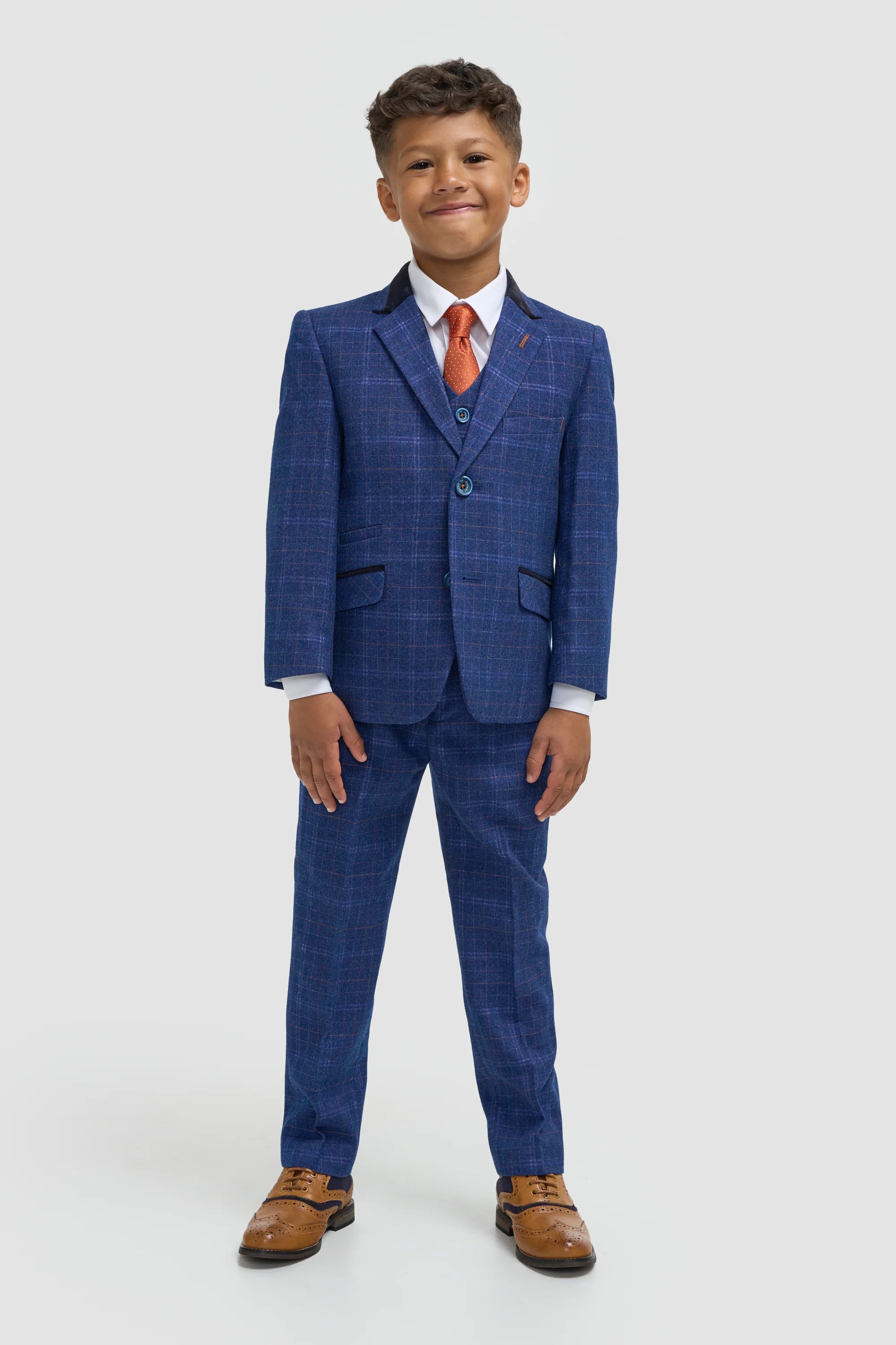 Boys Tweed Check Navy Slim Fit Suit - KAISER - Navy Blue