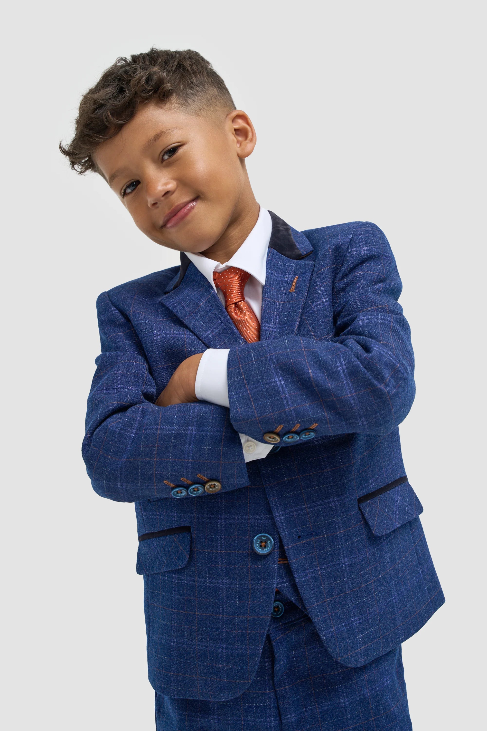 Boys Tweed Check Navy Slim Fit Suit - KAISER - Navy Blue