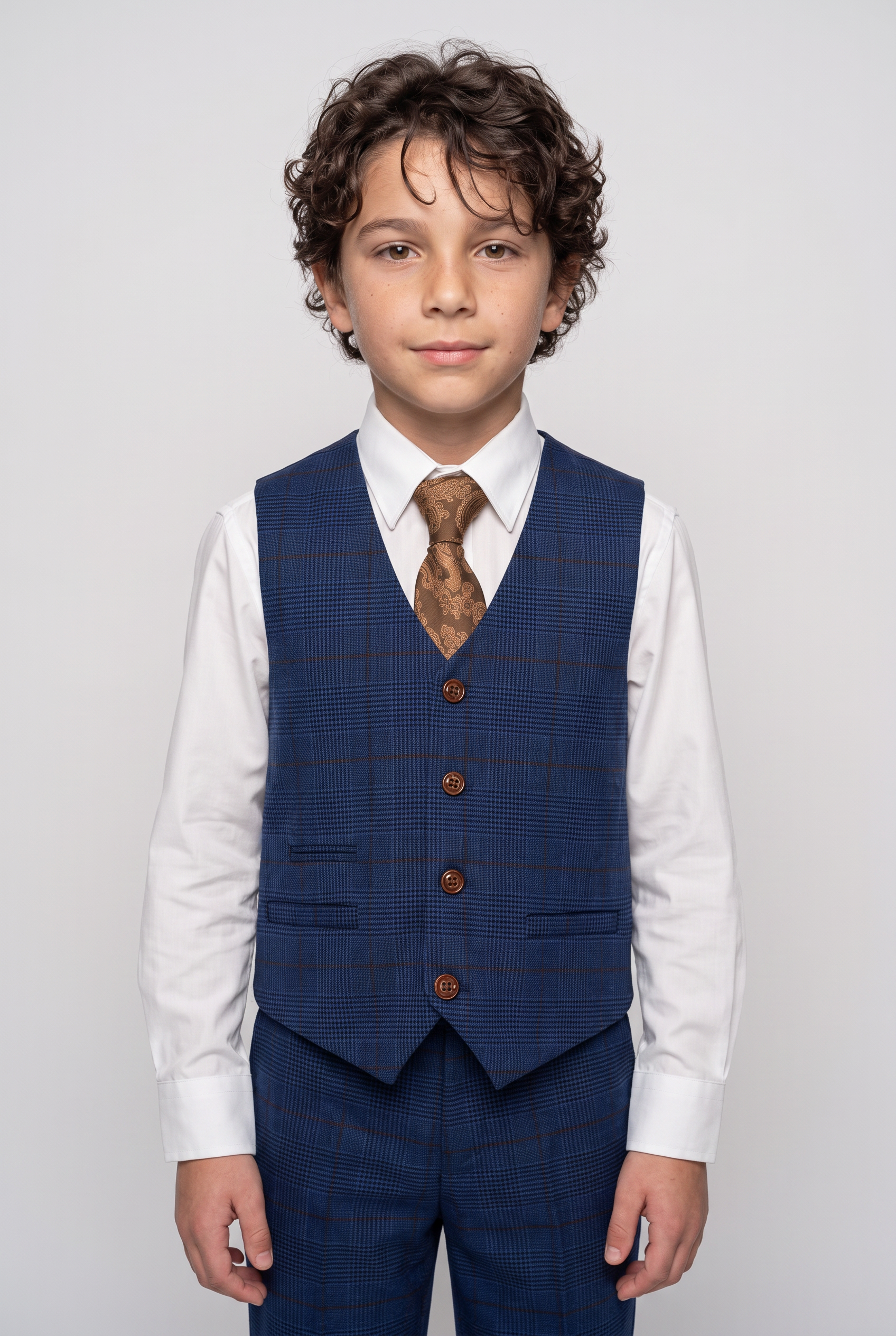 Boys Tweed Check Tailored Fit Navy Suit - ALEX - Royal Blue Model Front Picture
