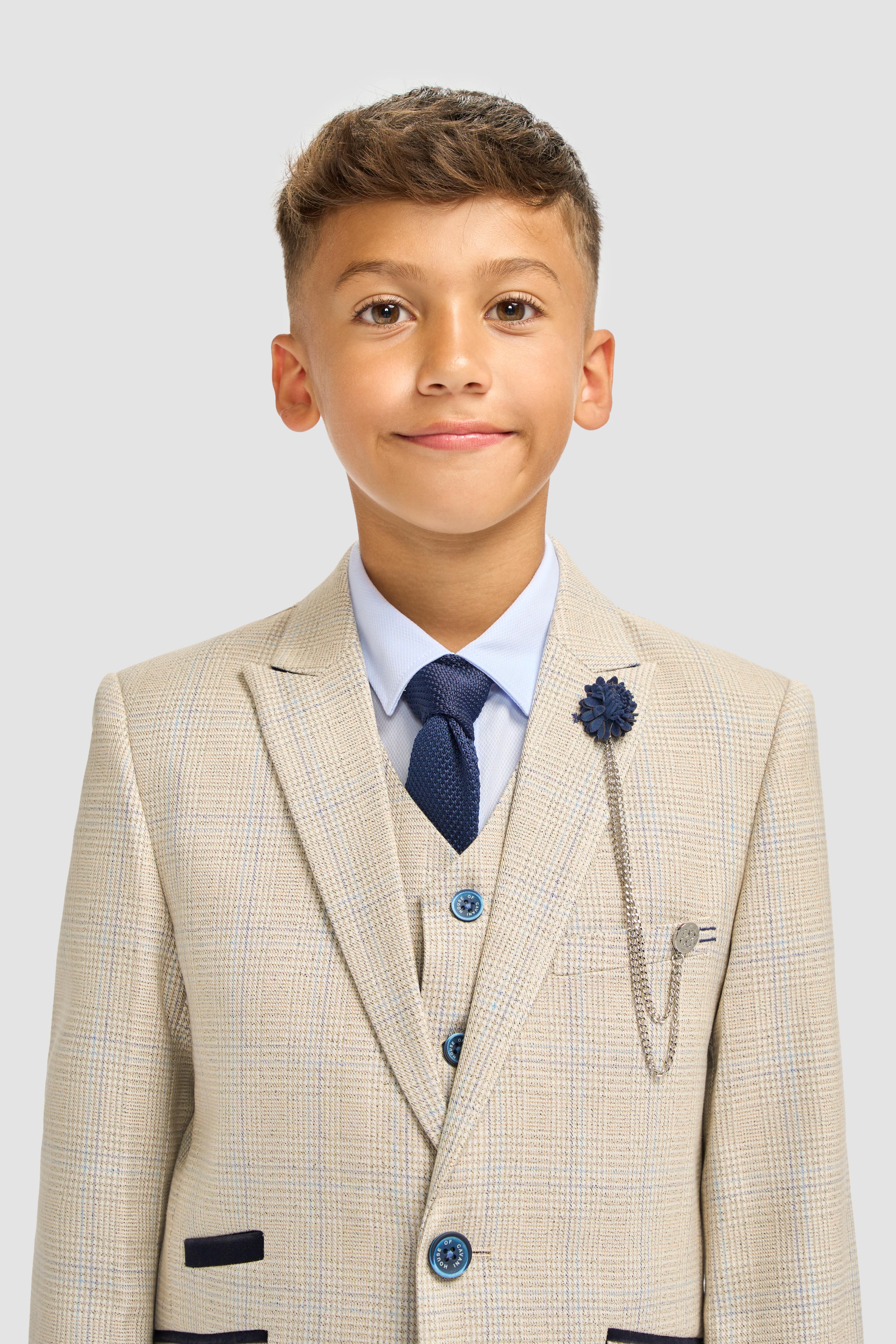 Boys Tweed Houndstooth Check Slim Fit Suit - CARIDI - Beige