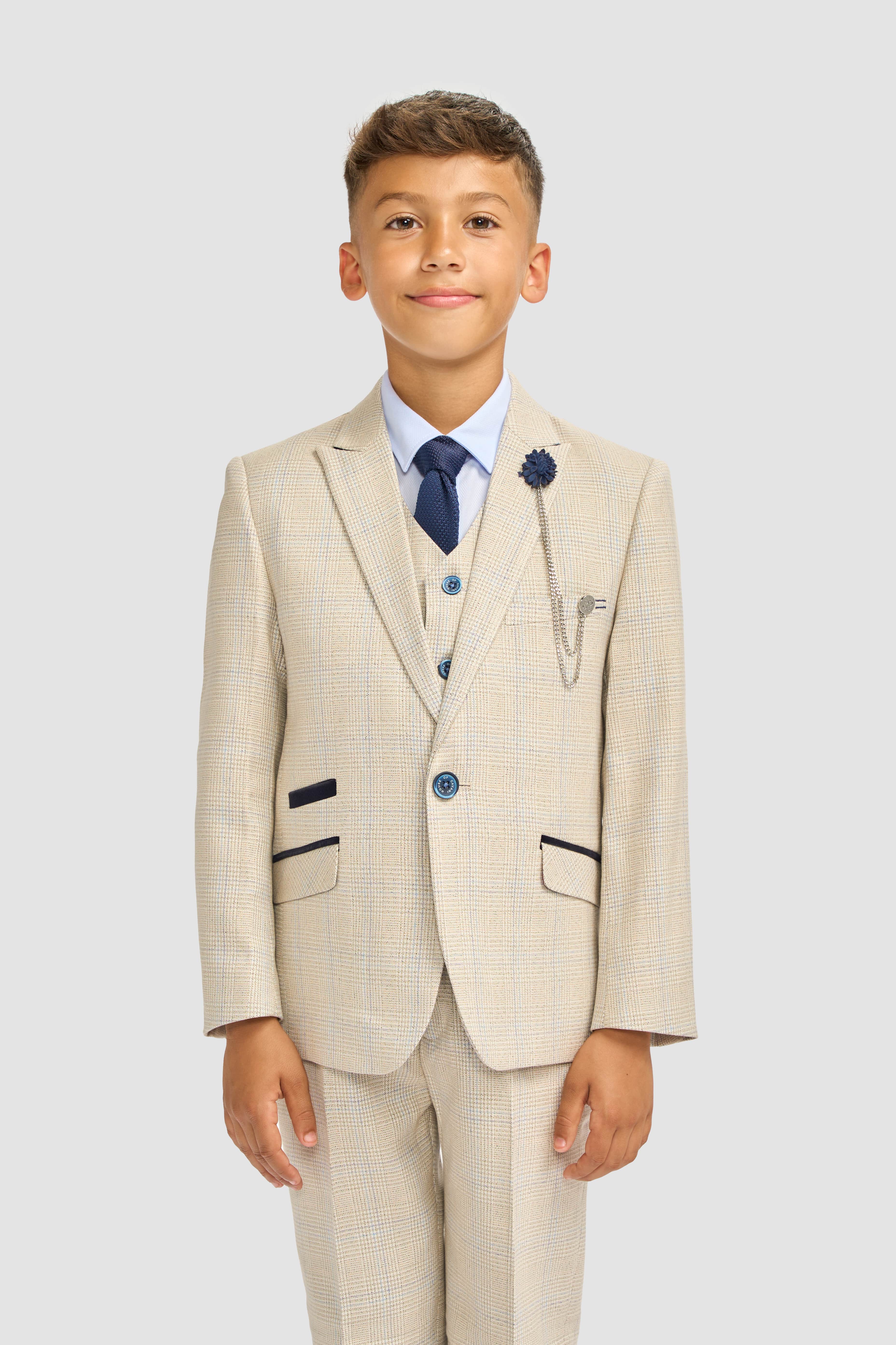 Boys Tweed Houndstooth Check Slim Fit Suit - CARIDI - Beige Model Picture