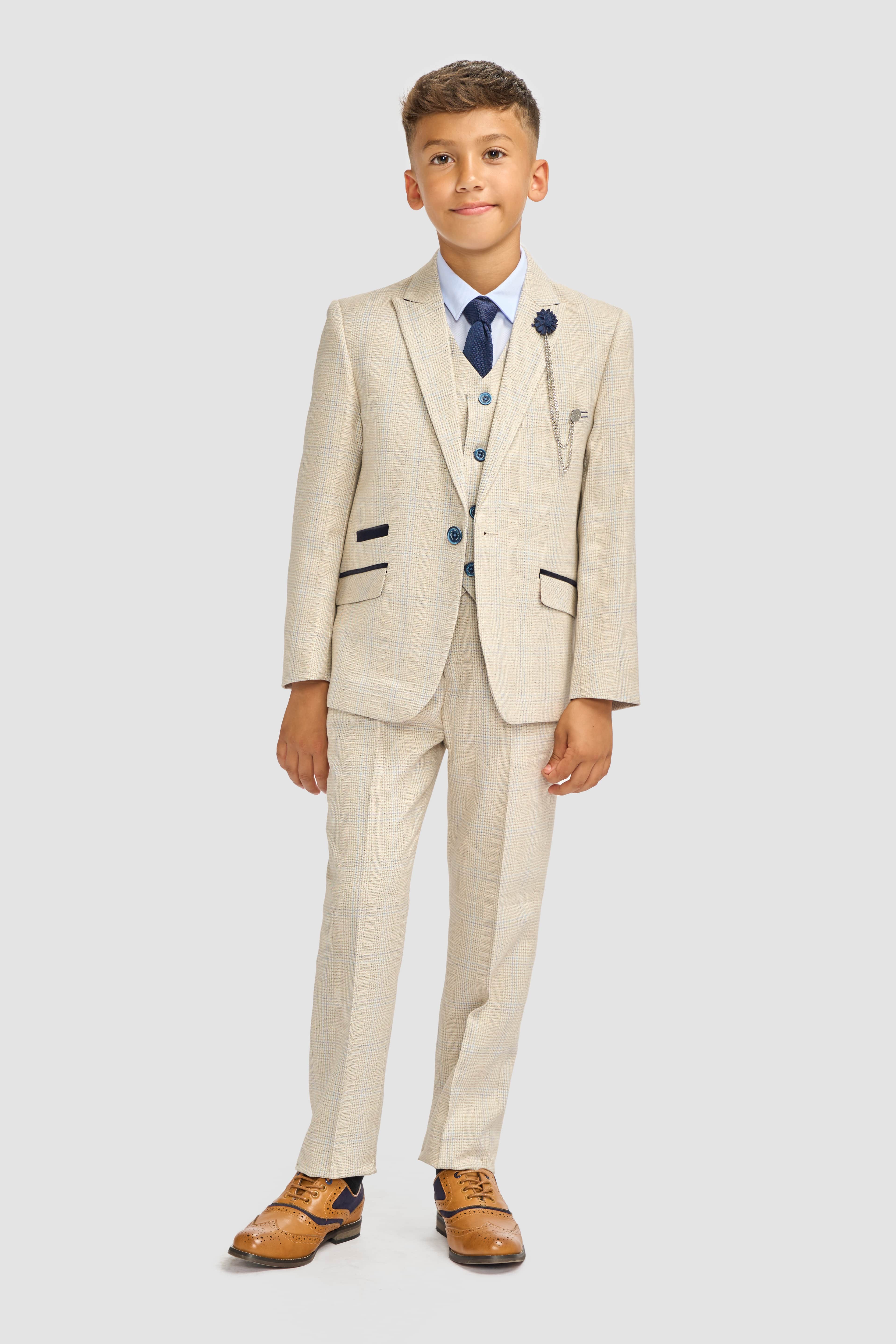 Boys Tweed Houndstooth Check Slim Fit Suit - CARIDI - Beige Model Front Picture