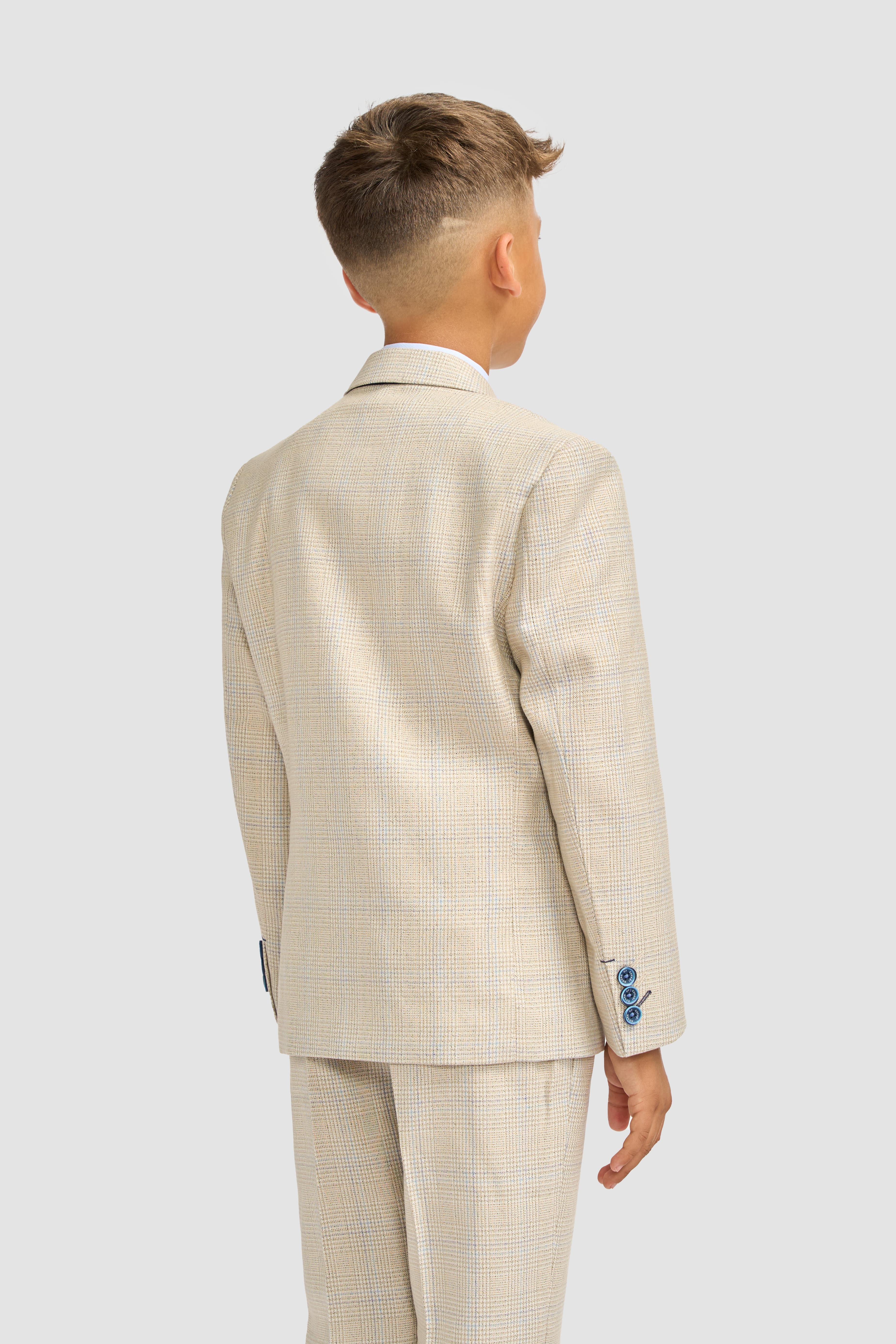 Boys Tweed Houndstooth Check Slim Fit Suit - CARIDI - Beige Model Back Picture