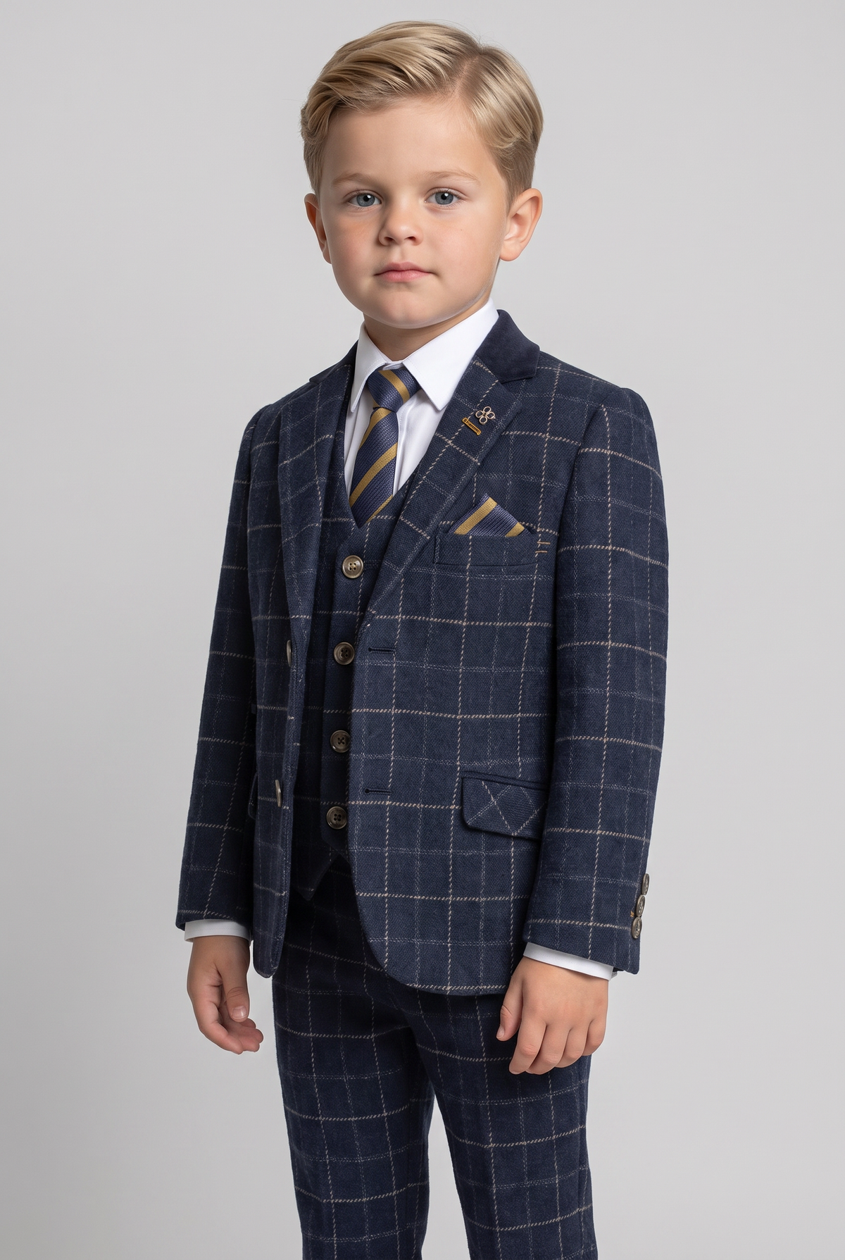 Boys Tweed Windowpane Check Slim Fit Suit - Cavani SHELBY Navy Blue