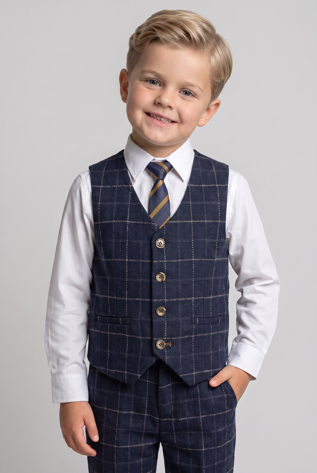 Boys Tweed Windowpane Check Slim Fit Suit - Cavani SHELBY Navy Blue