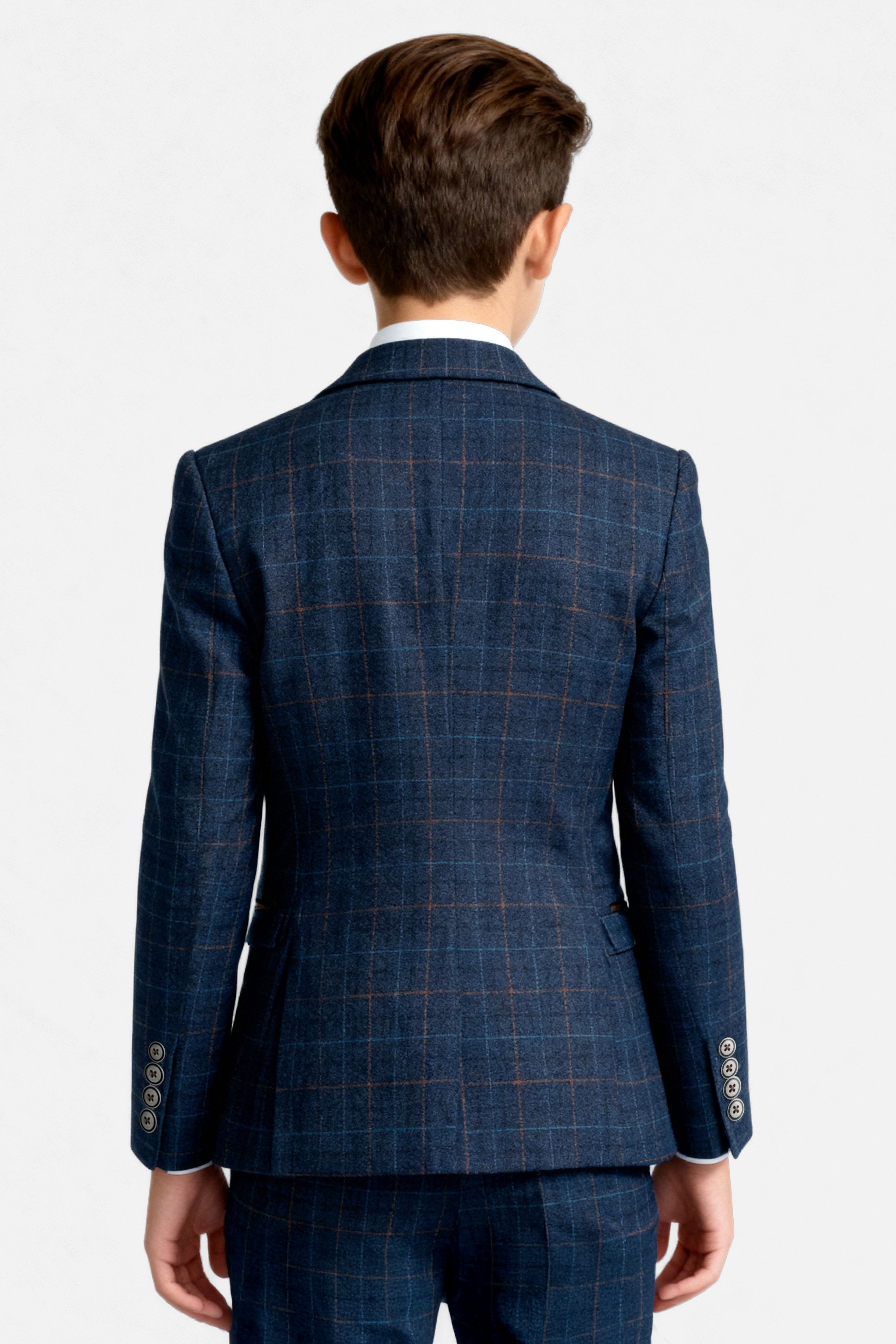 Boys Tweed Windowpane Check Suit - CODY Blue - Navy Blue Back Picture