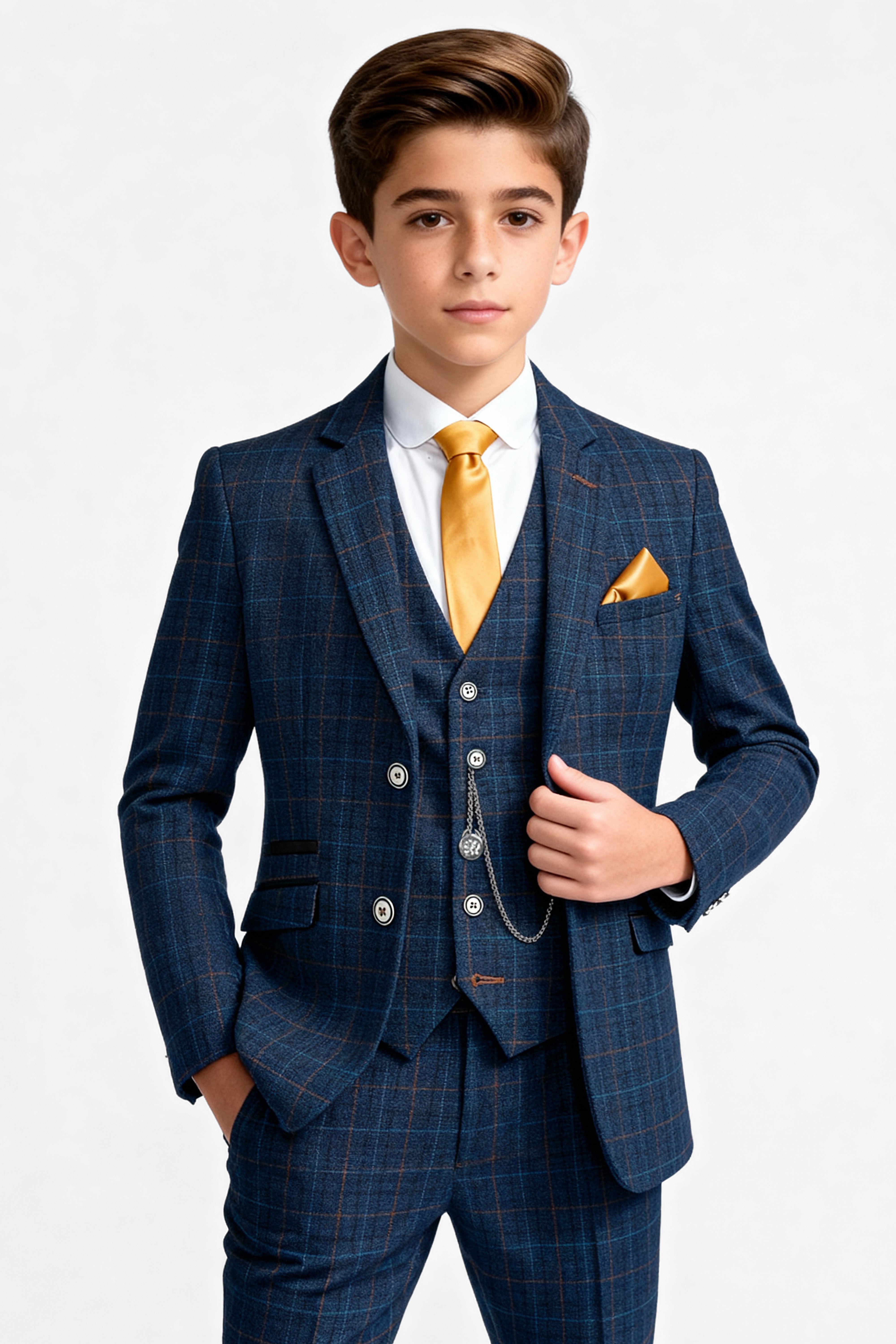 Boys Tweed Windowpane Check Suit - CODY Blue - Navy Blue Model Pictrure