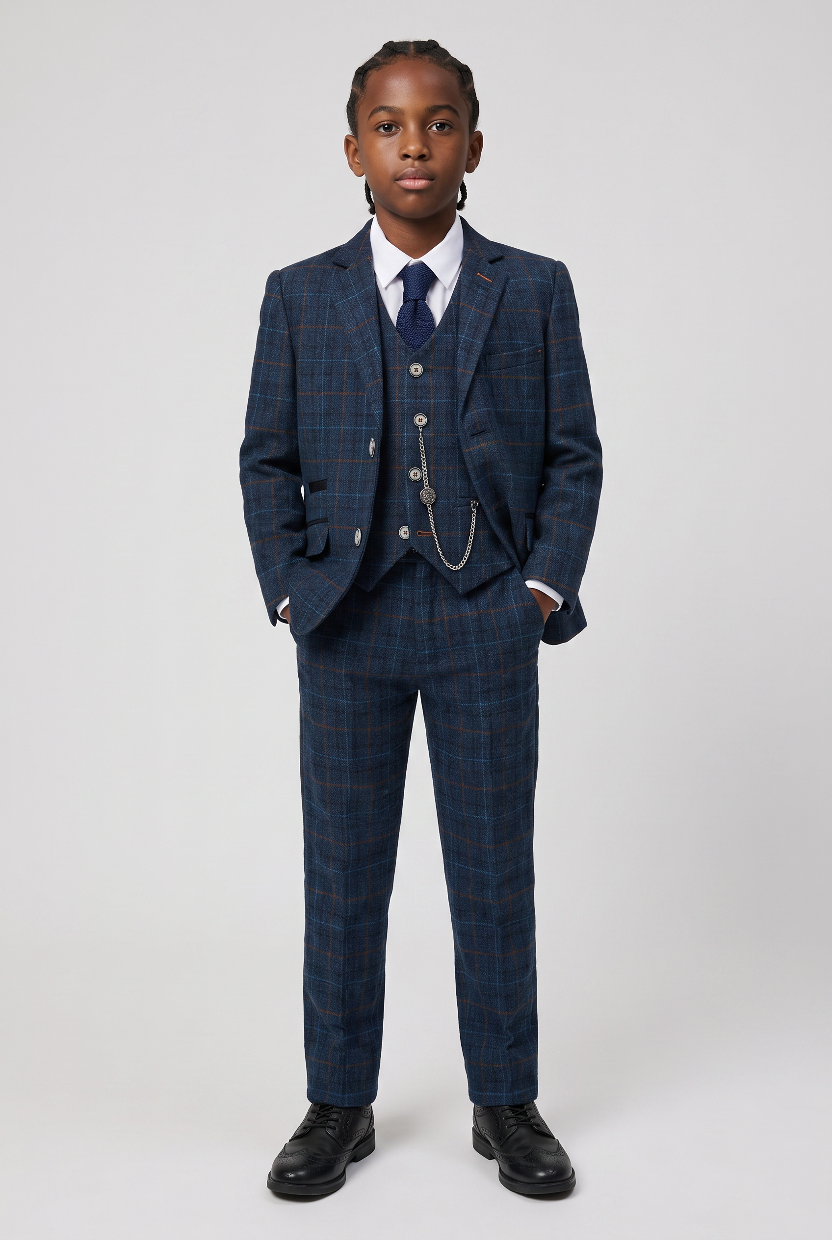 Boys Tweed Windowpane Check Suit - CODY Blue - Navy Blue
