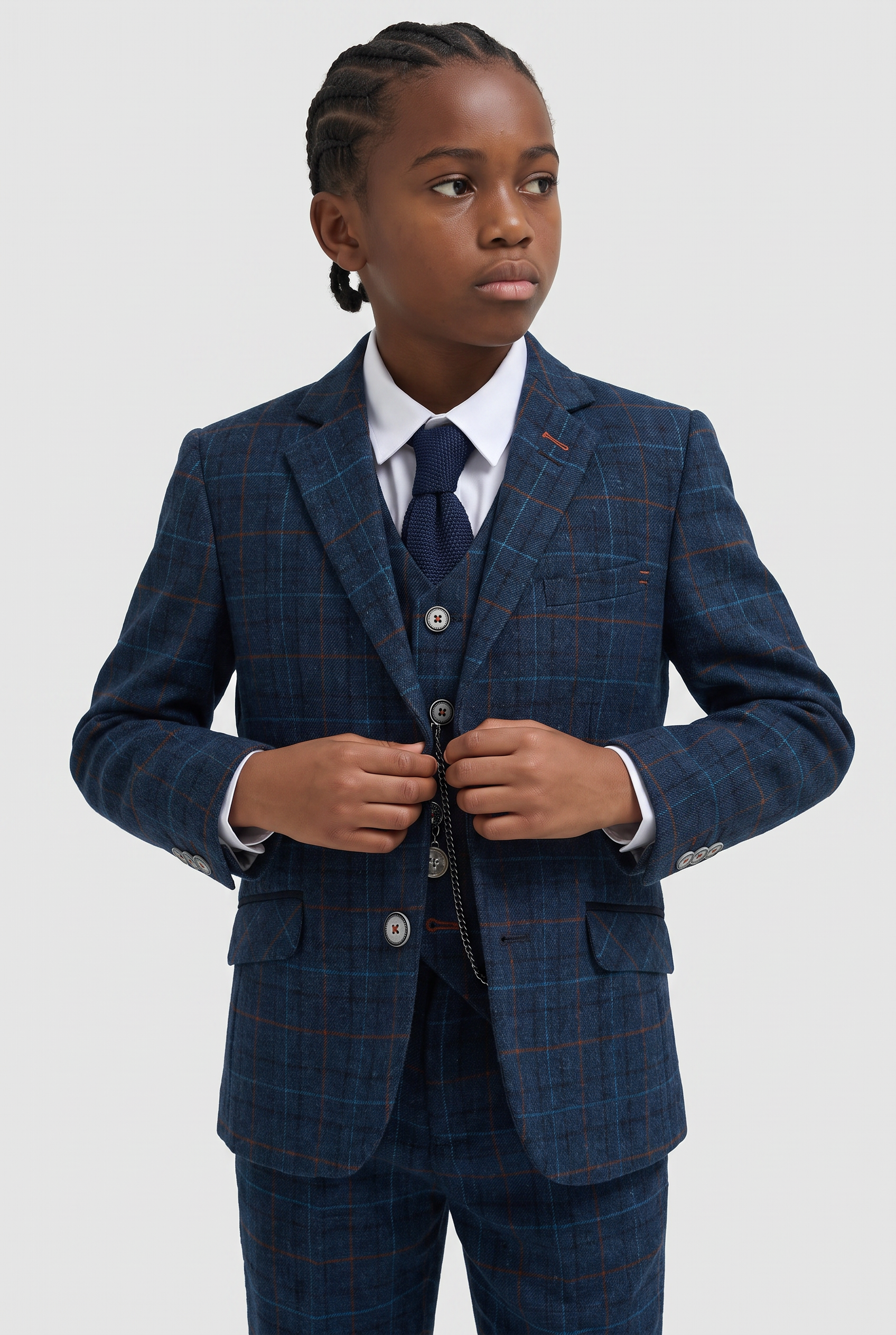Boys Tweed Windowpane Check Suit - CODY Blue - Navy Blue