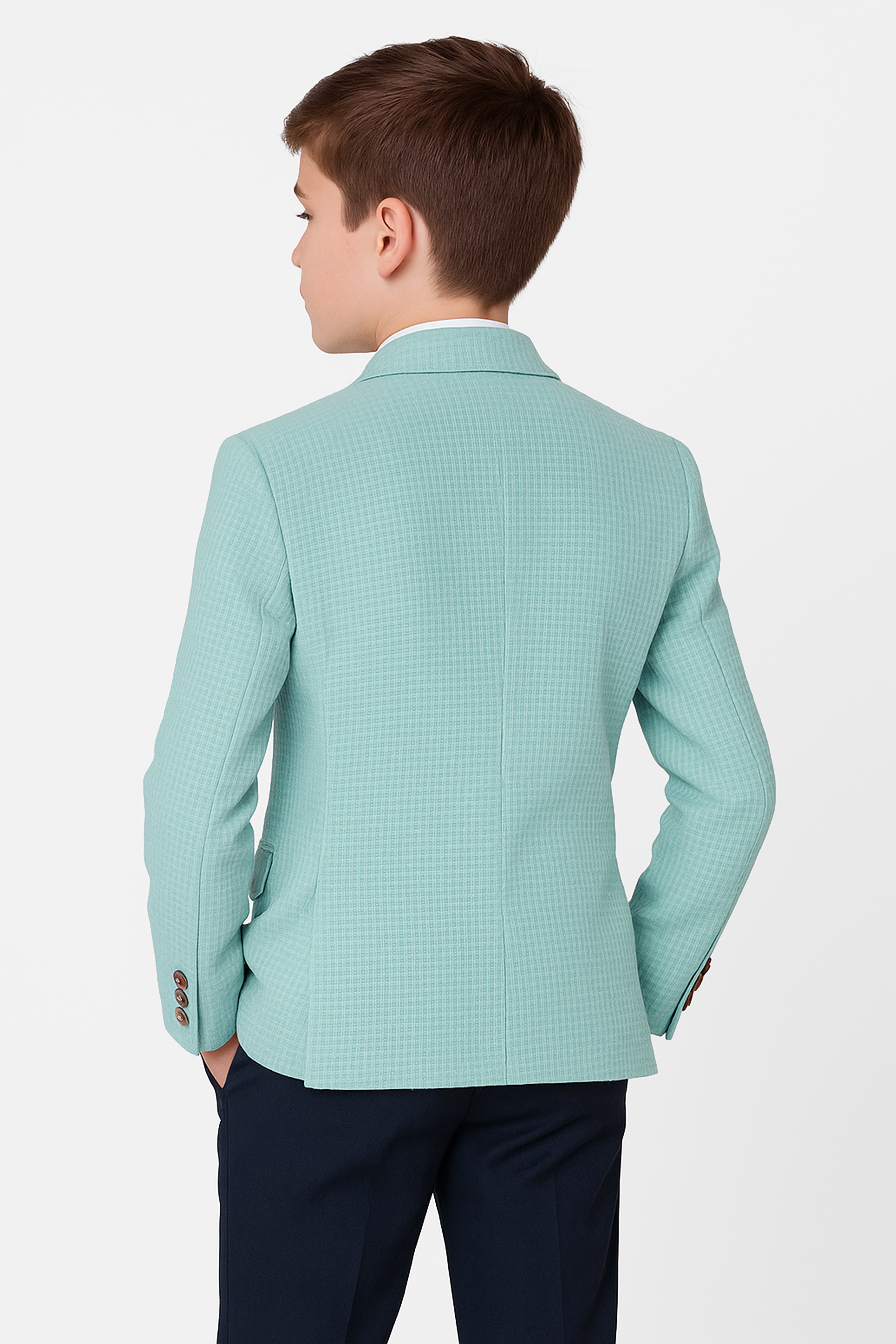 Boys Twill Single Breasted Slim Fit Blazer - TERRY - Aqua Green Back Picture