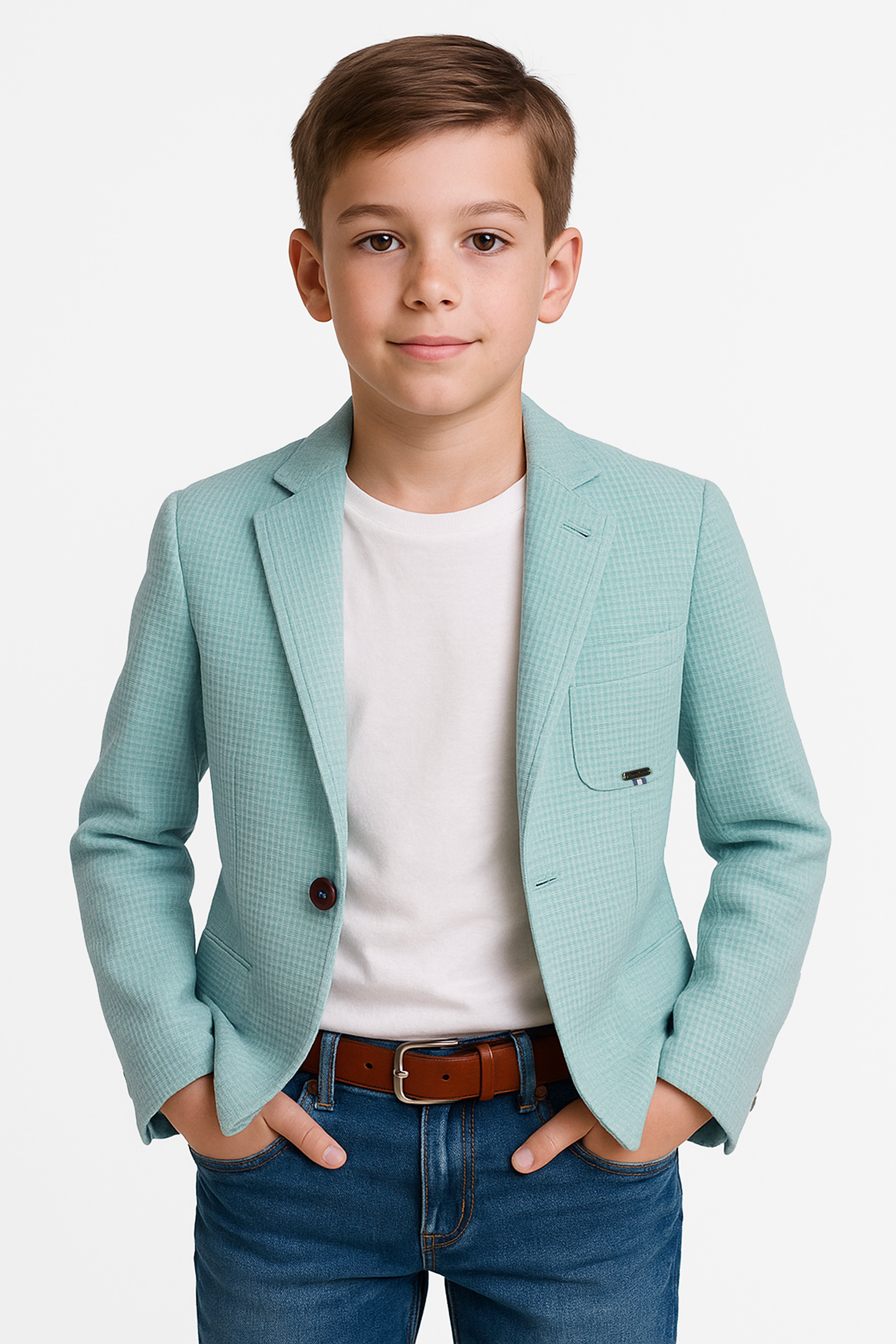 Boys Twill Single Breasted Slim Fit Blazer - TERRY - Aqua Green Model Picture