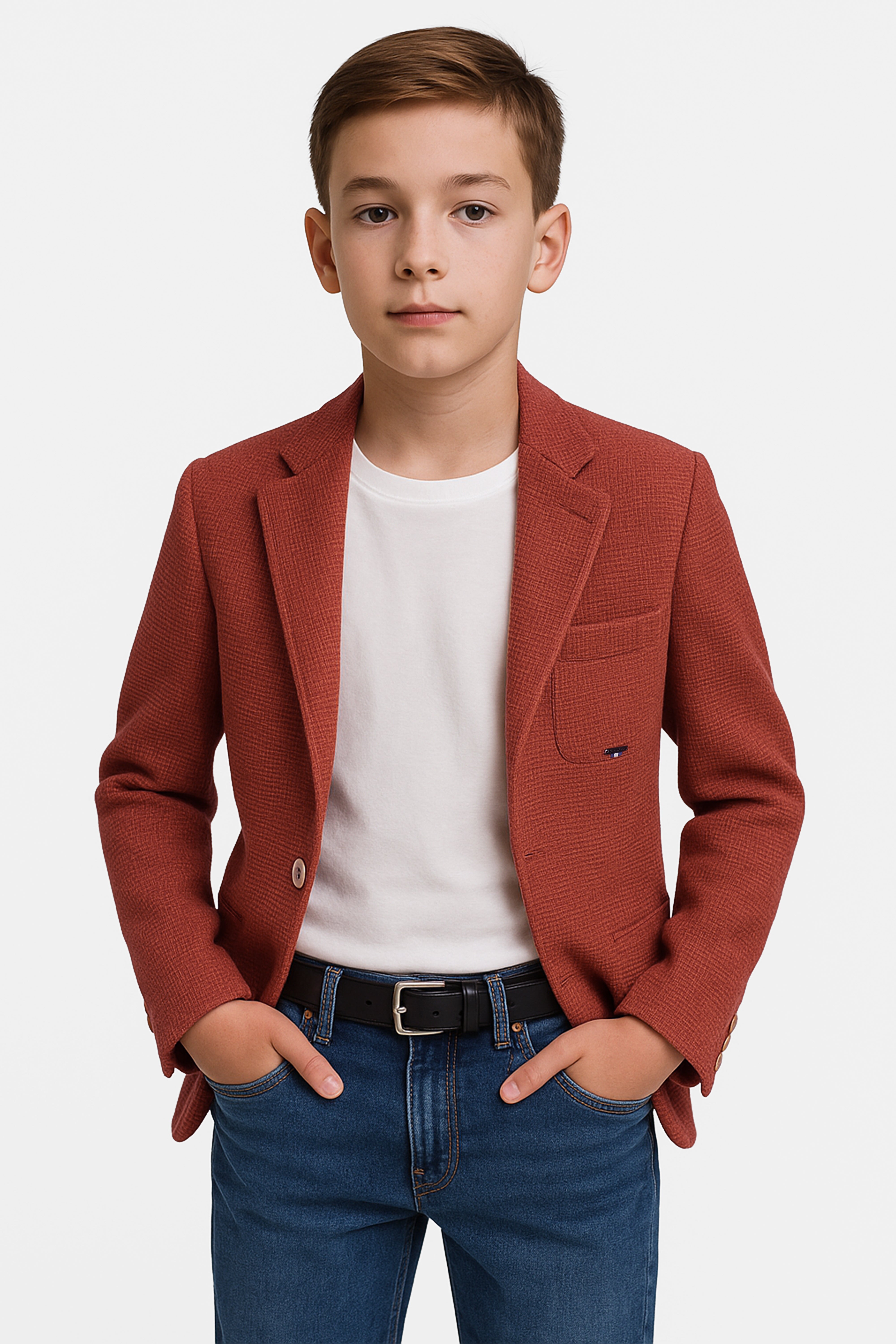 Boys Twill Single Breasted Slim Fit Blazer - TERRY - Brick Model Picture