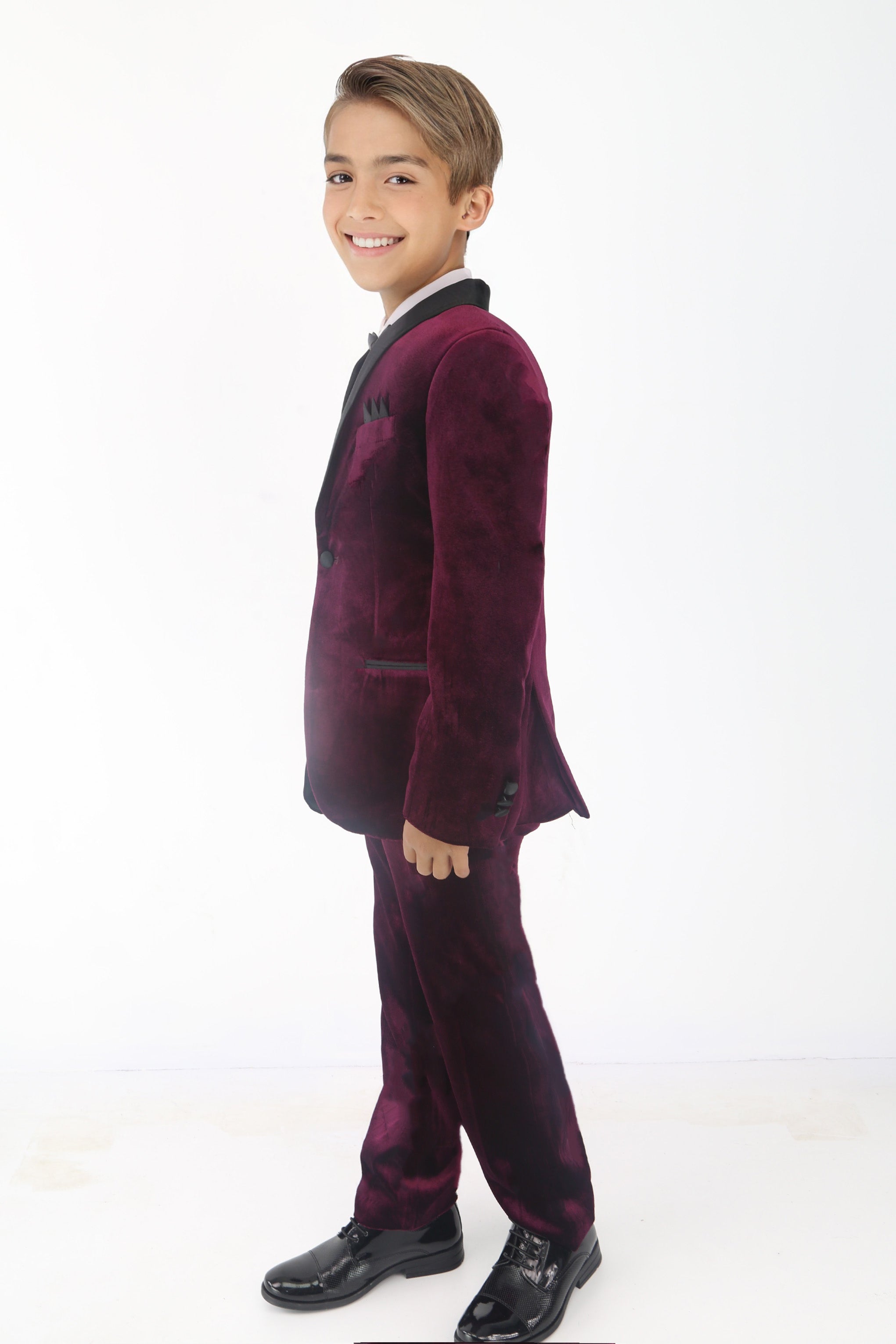 Boys' Velvet Suit with Satin Shawl Lapels - EC103 - Burgundy Model Side Picture