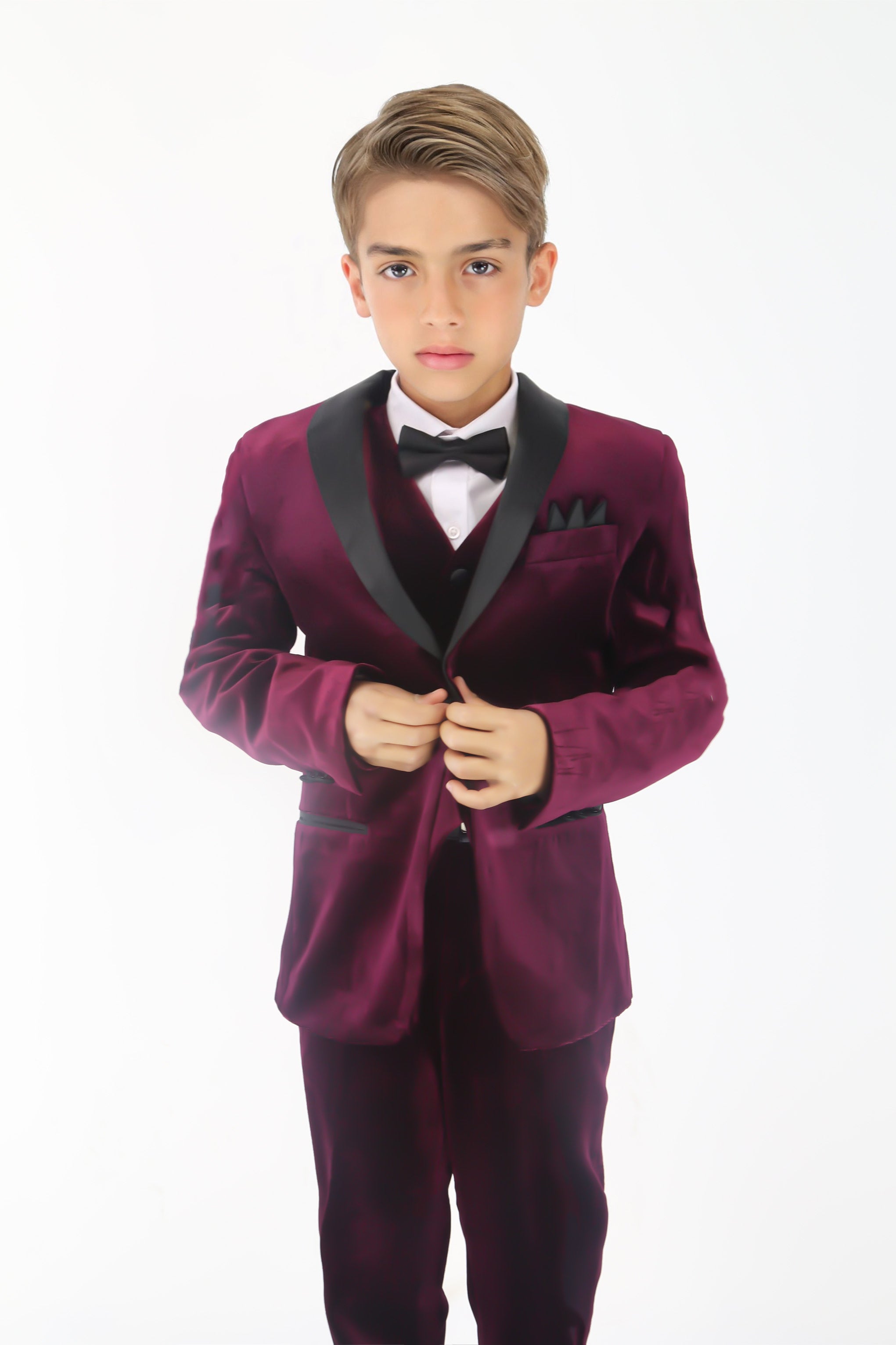 Boys' Velvet Suit with Satin Shawl Lapels - EC103 - Burgundy Model Picture