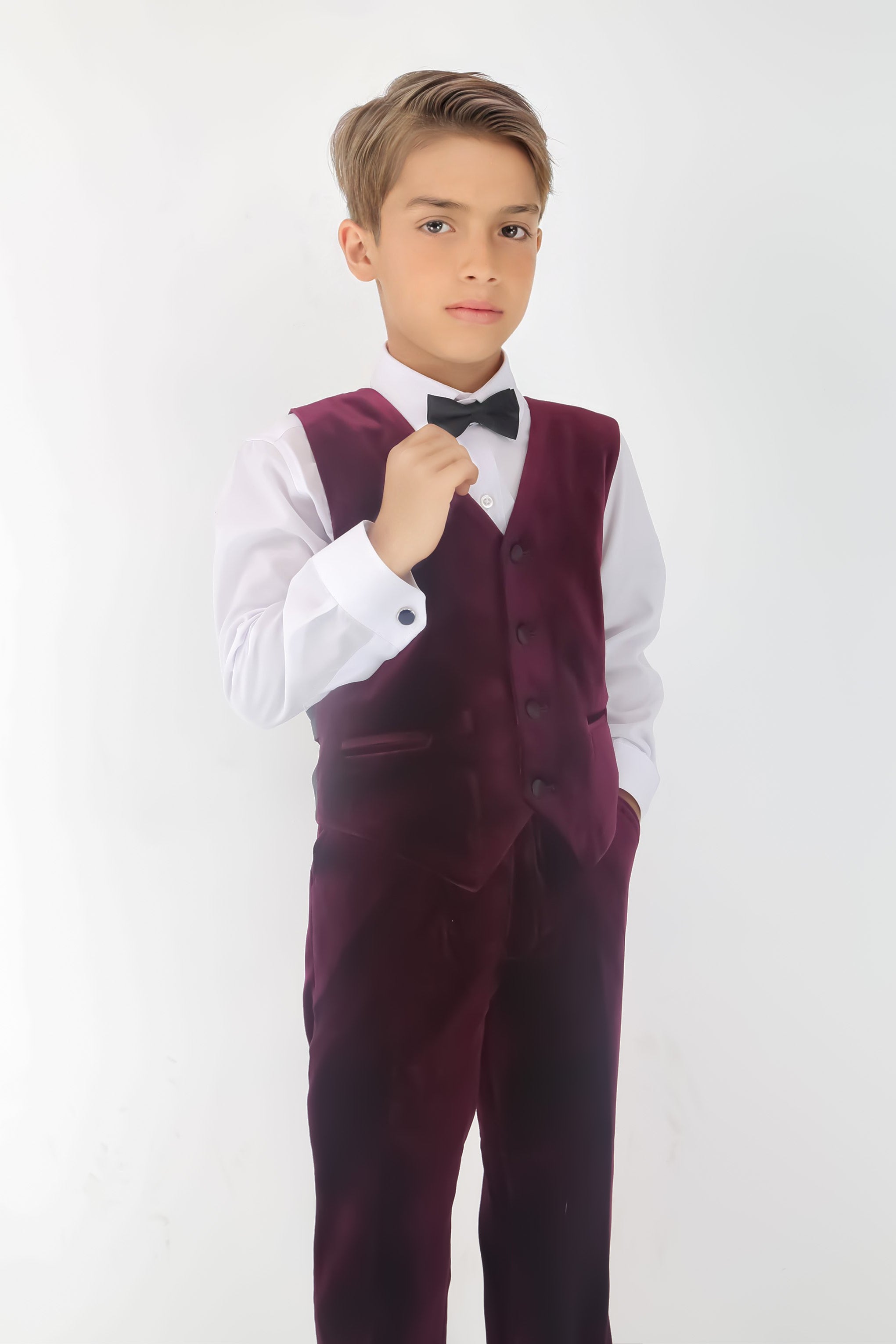 Boys' Velvet Suit with Satin Shawl Lapels - EC103 - Burgundy Waistcoat Picture with Accessories