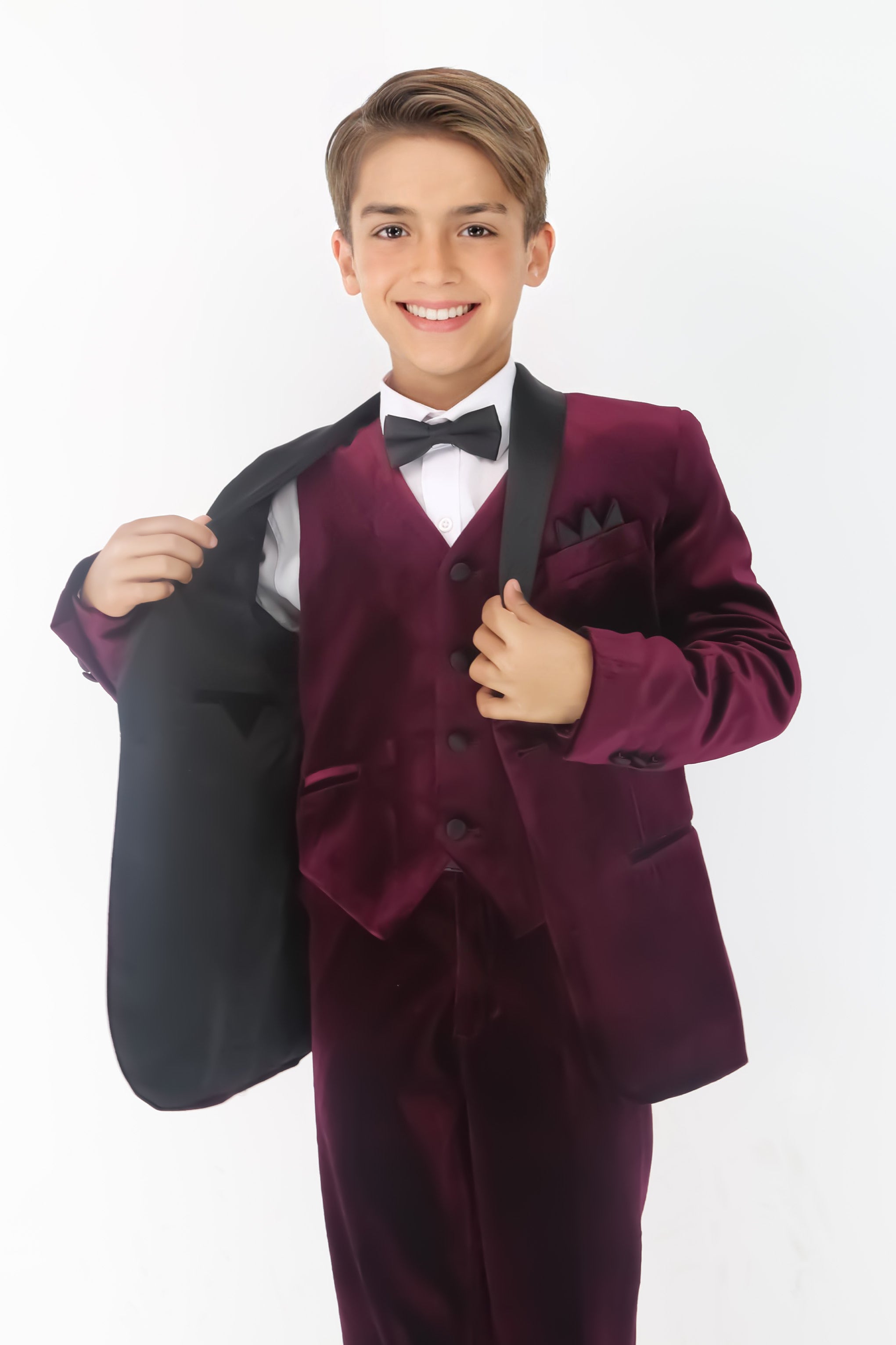 Boys' Velvet Suit with Satin Shawl Lapels - EC103 - Burgundy Linning Picture