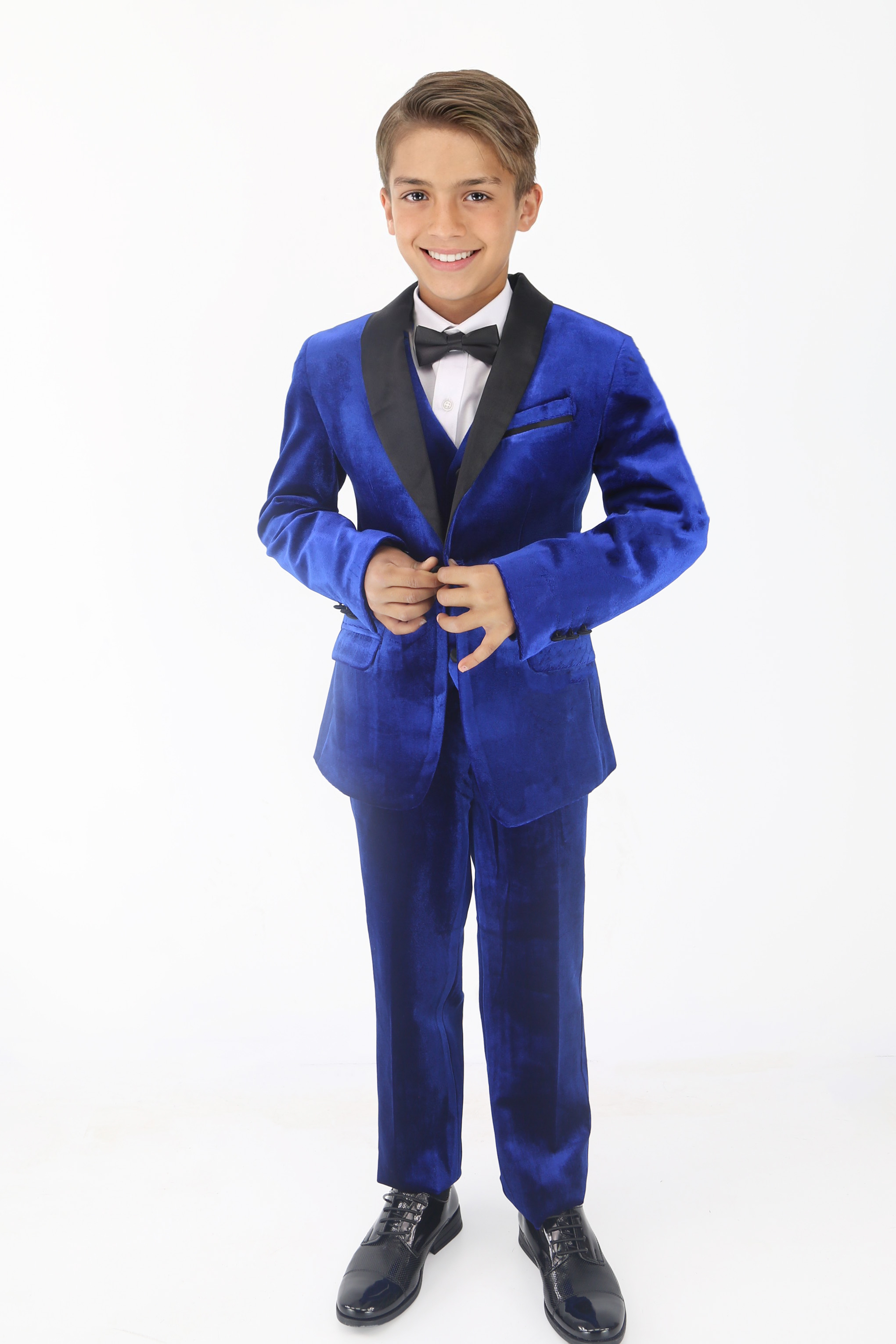 Boys' Velvet Suit with Satin Shawl Lapels - EC103 - Royal Blue Model Picture with Accessories