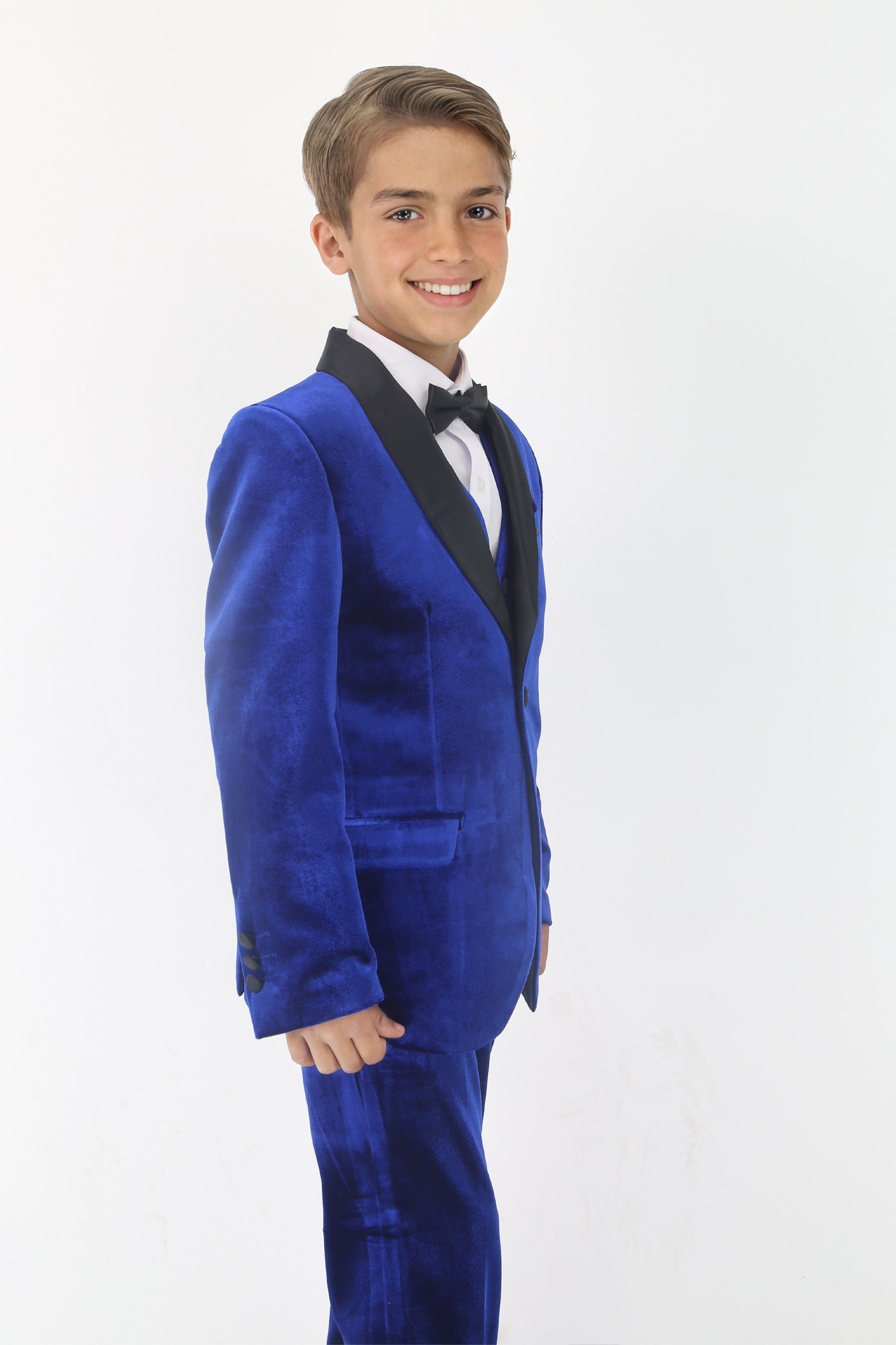 Boys' Velvet Suit with Satin Shawl Lapels - EC103 - Royal Blue Model Side Picture