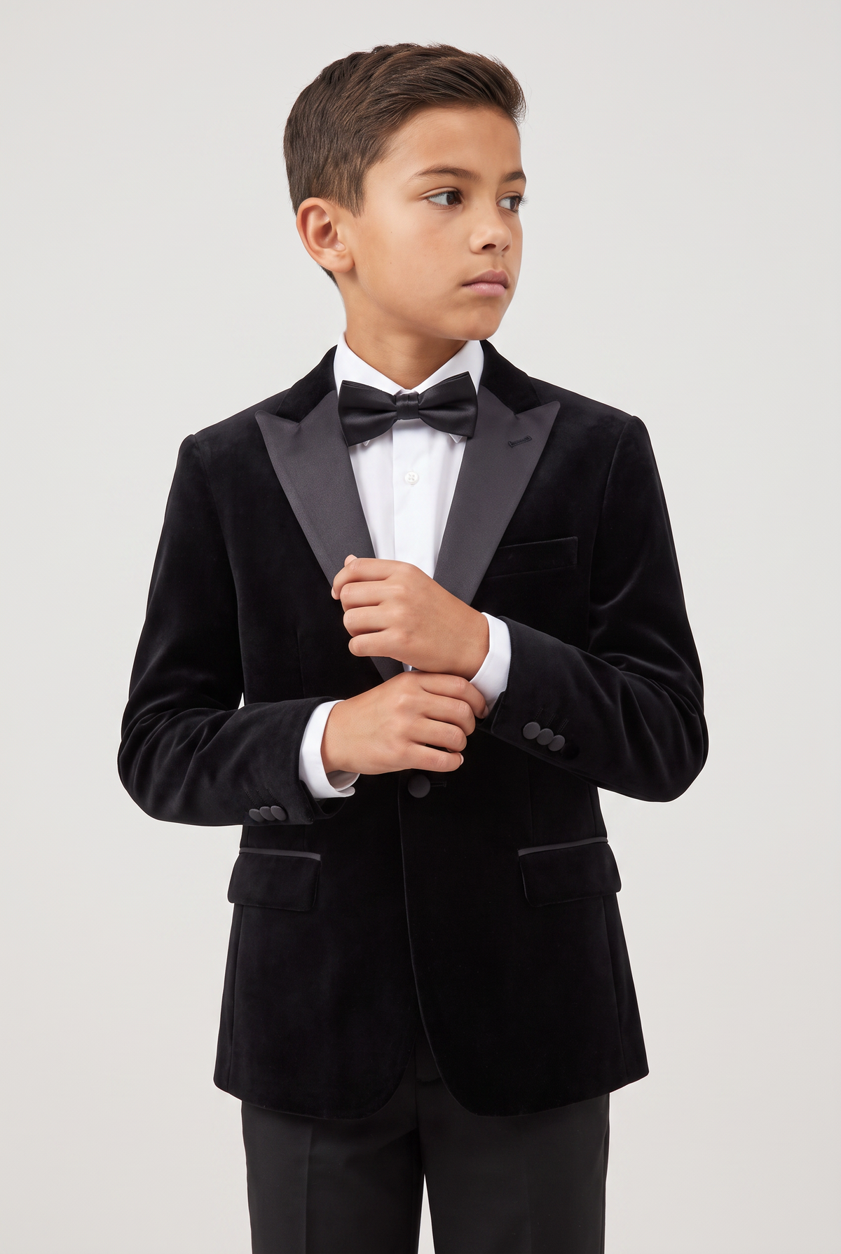 Boys Velvet Blazer Satin Lapel Dinner Jacket - Mayfair - Black Model Picture