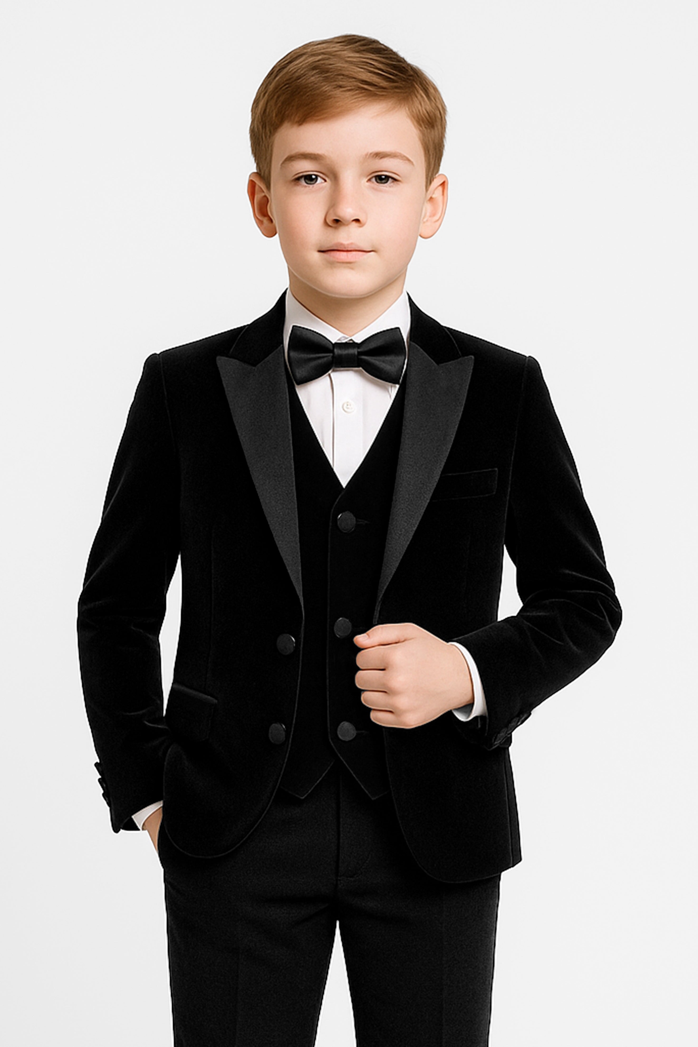 Boys Velvet Satin Lapel Dinner Suit Set - 3-Piece & 5-Piece - MAYFAIR - Black