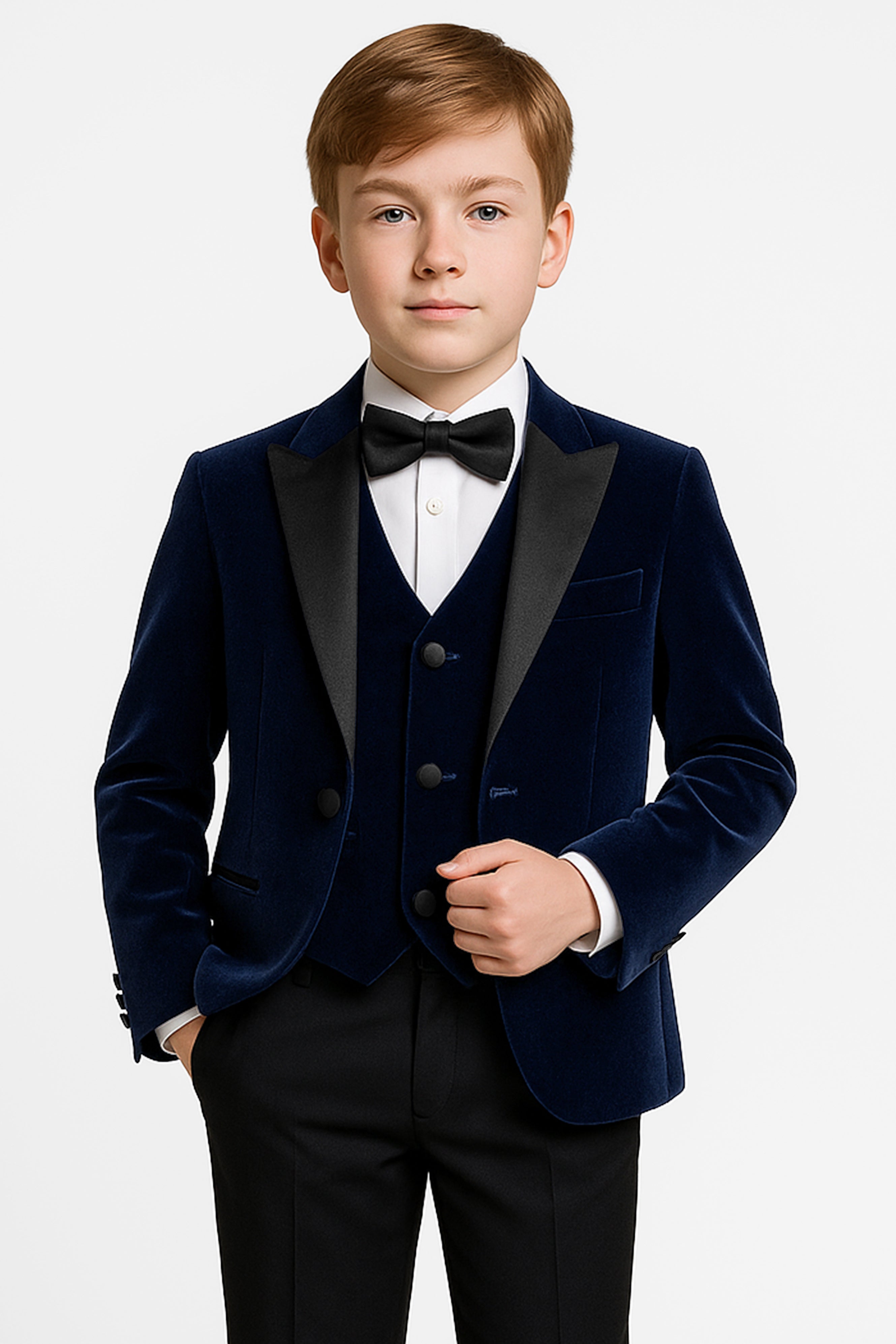 Boys Velvet Satin Lapel Dinner Suit Set - 3-Piece & 5-Piece - MAYFAIR -  Navy Blue