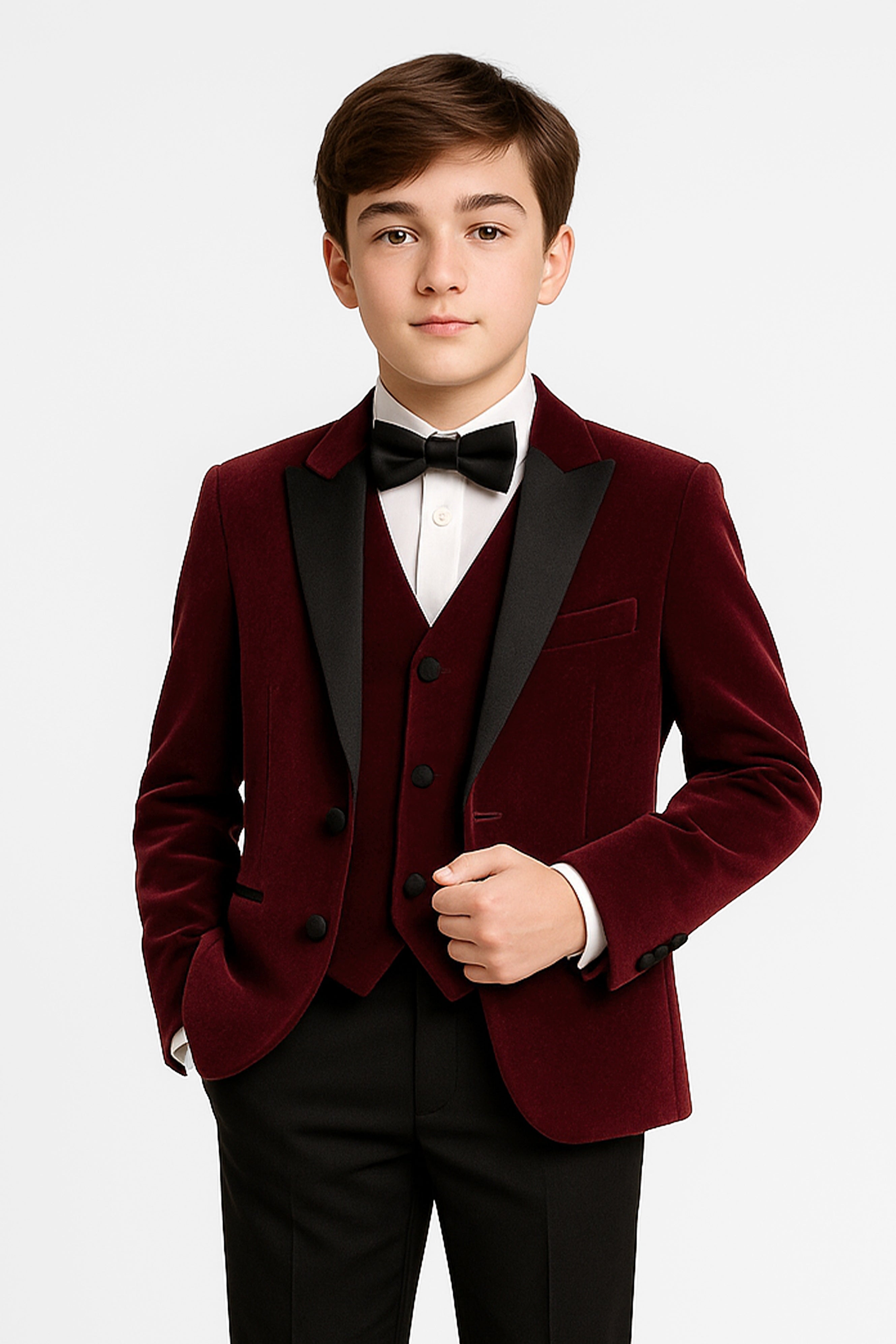 Boys Velvet Satin Lapel Dinner Suit Set - 3-Piece & 5-Piece - MAYFAIR - Wine
