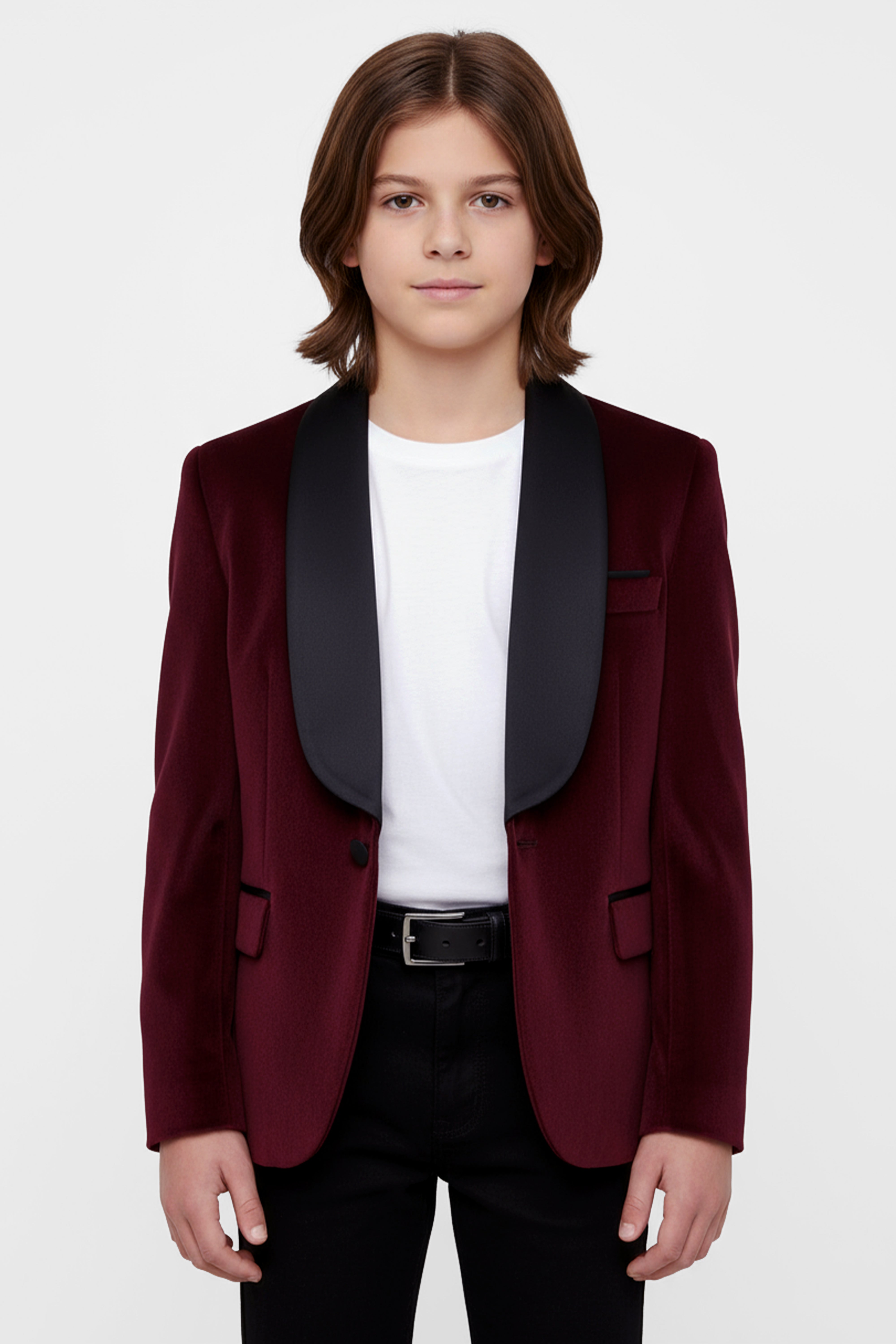 Boys Velvet Tuxedo Blazer Set - KINGSMAN - Burgundy Model Picture