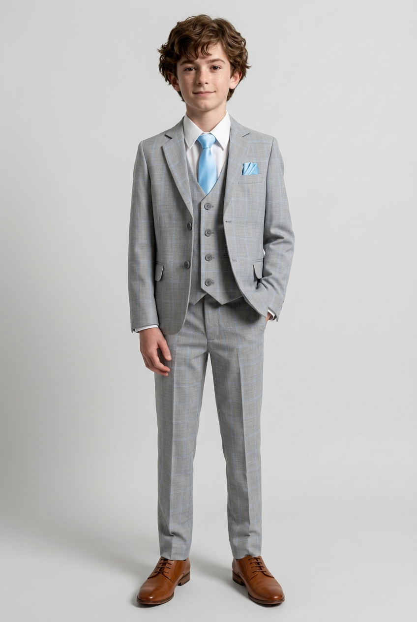 Boys Windowpane Check 6 Piece Suit Set - Grey
