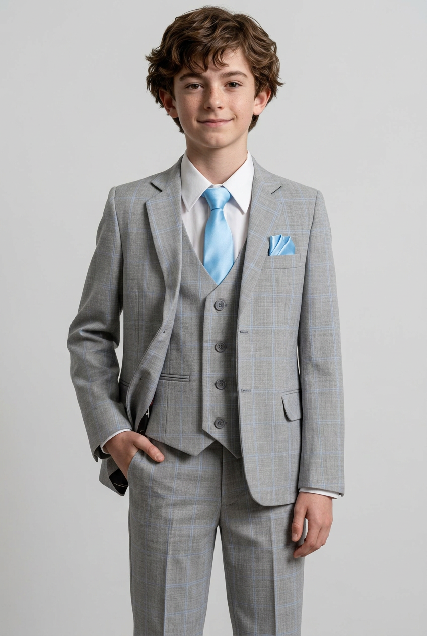 Boys Windowpane Check 6 Piece Suit Set - Grey