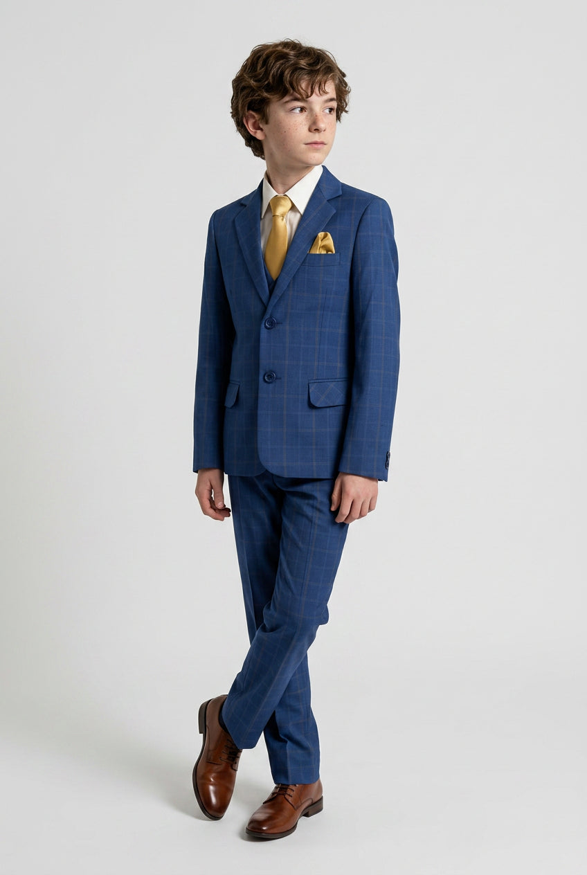 Boys Windowpane Check 6 Piece Suit Set - Navy