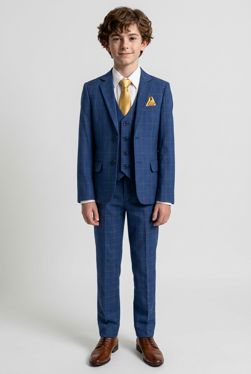 Boys Windowpane Check 6 Piece Suit Set - Navy