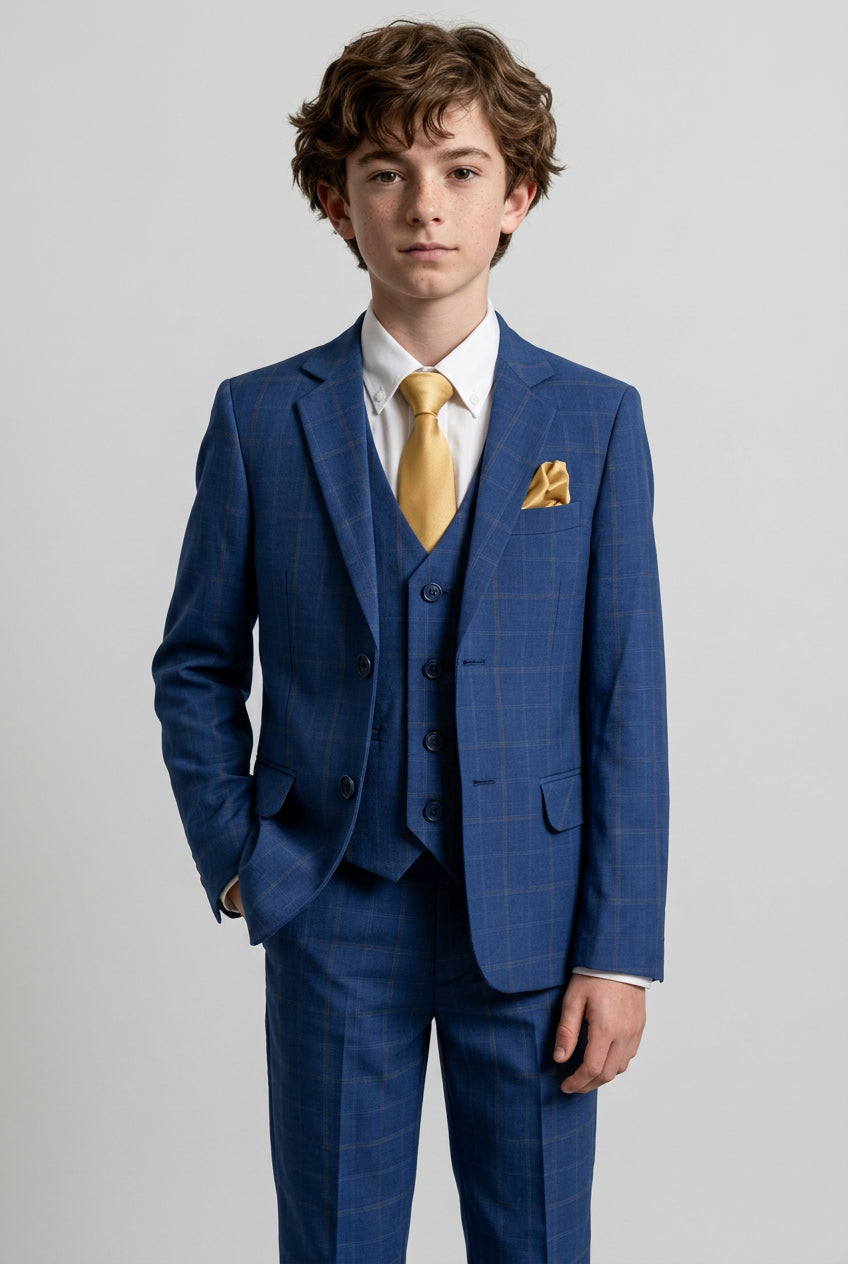 Boys Windowpane Check 6 Piece Suit Set - Navy