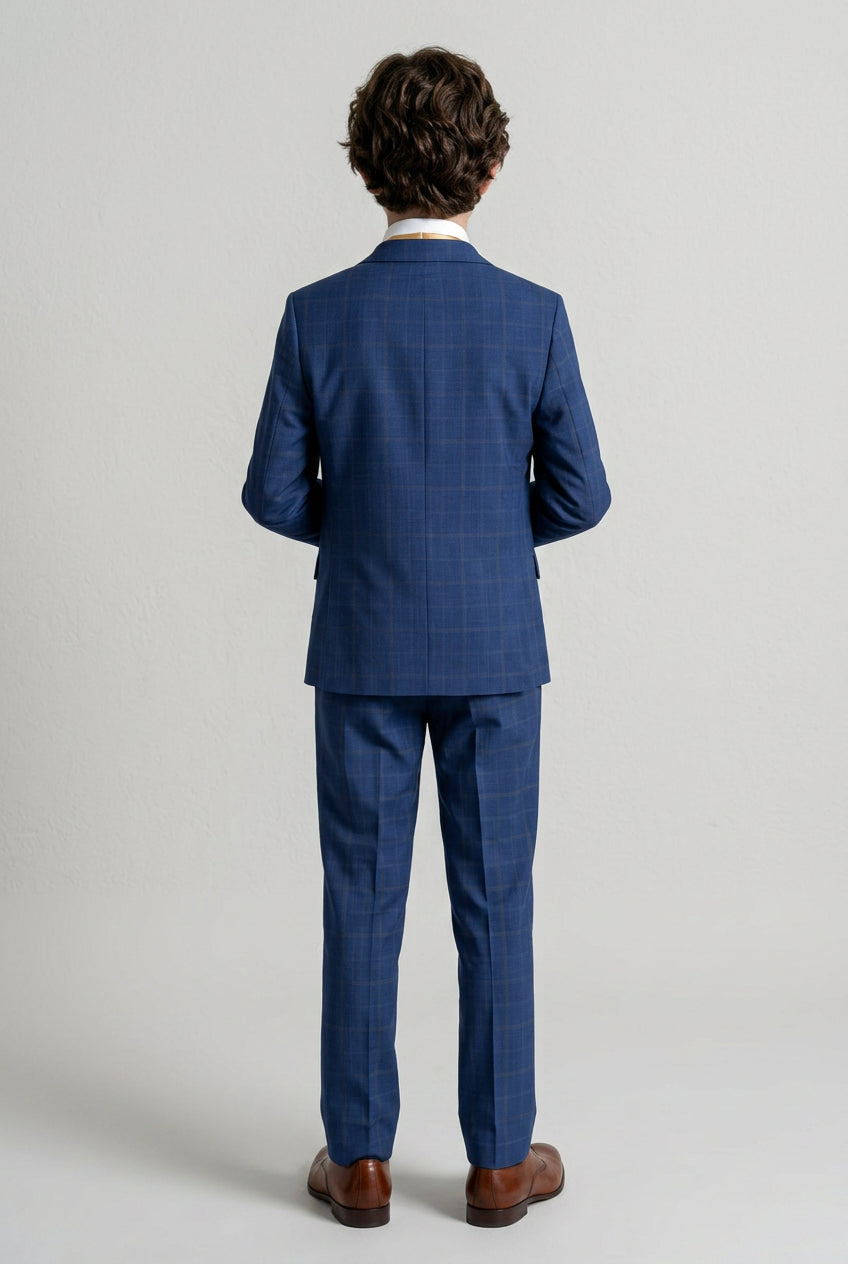 Boys Windowpane Check 6 Piece Suit Set - Navy