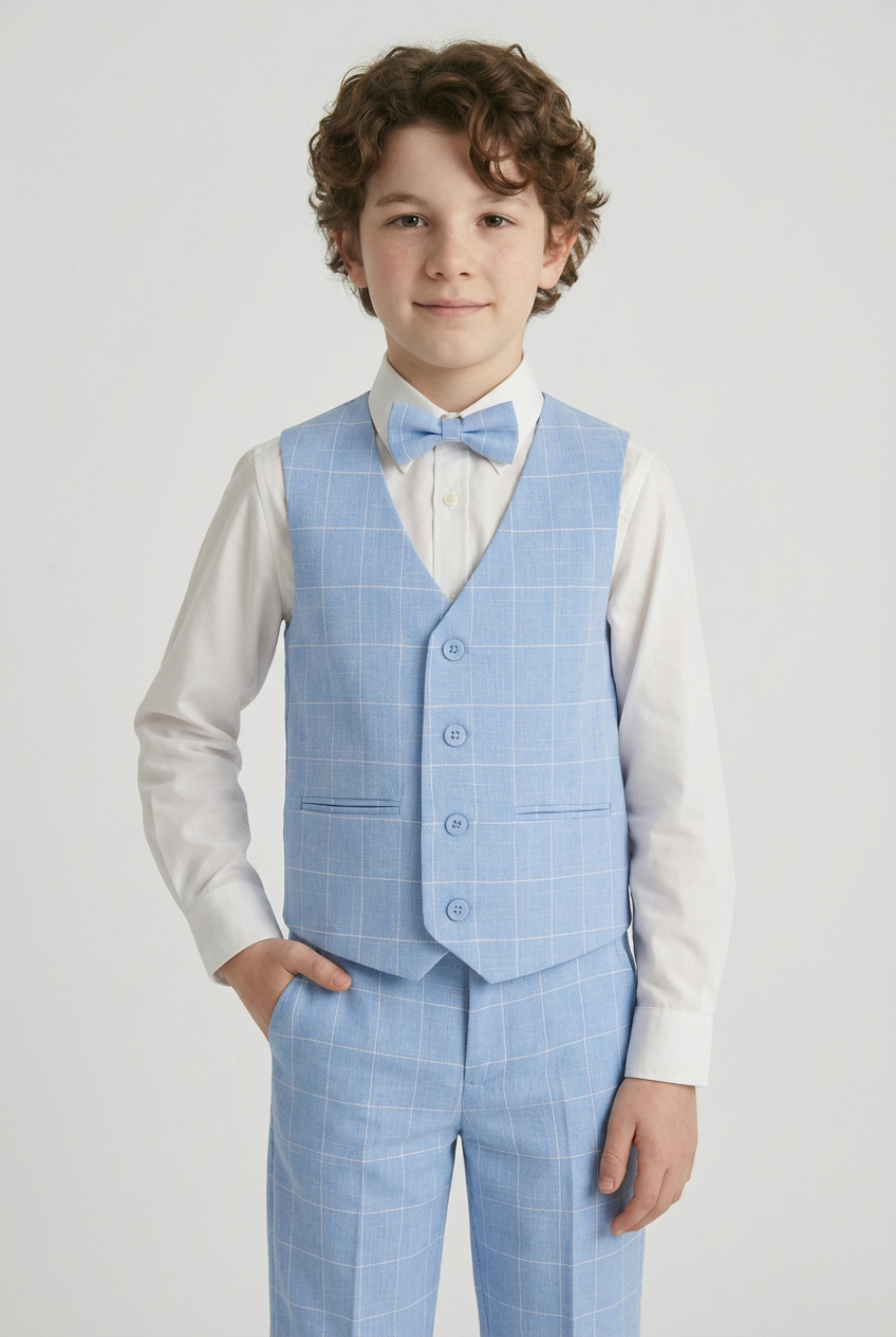 Boys Windowpane Check Blue Waistcoat Set - E-SAM - Blue