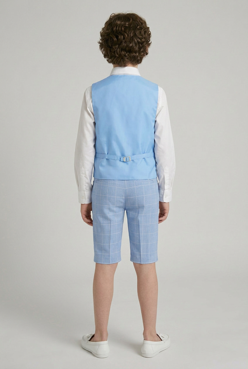 Boys Windowpane Check Blue Waistcoat Set - E-SAM - Blue